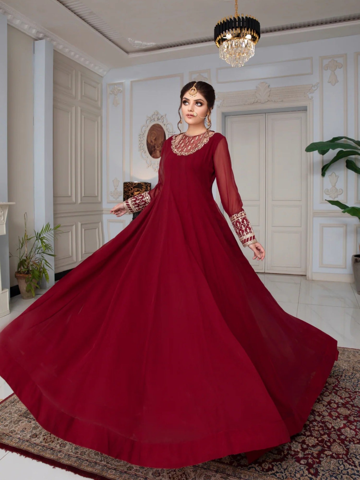 Maroon Hani & Umaima Chiffon Embroidered Stitched 2-Piece Suit-Roop