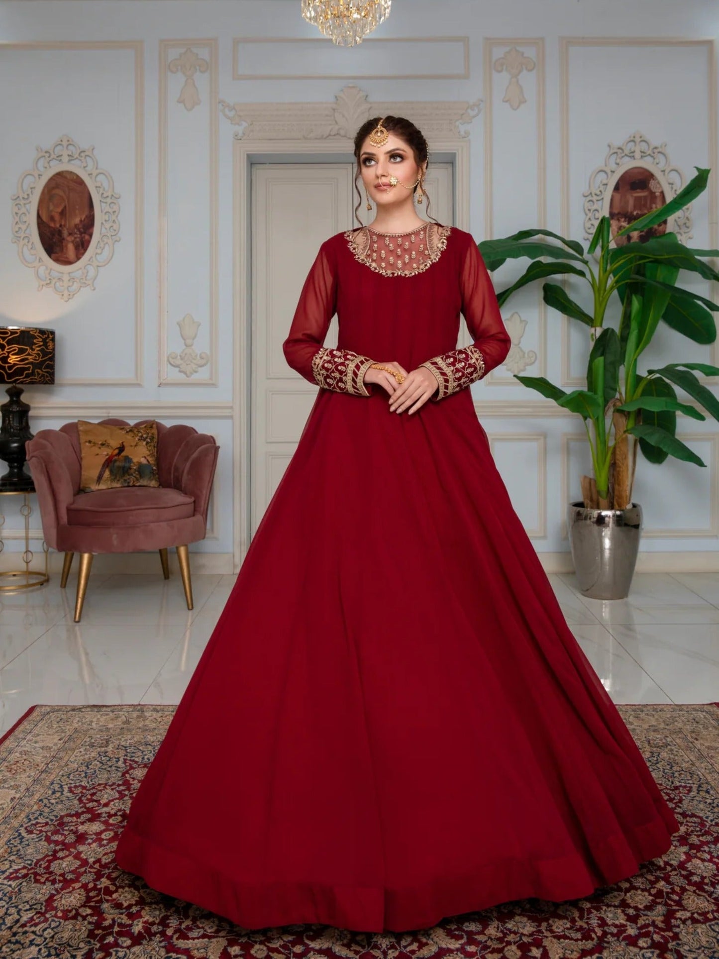 Maroon Hani & Umaima Chiffon Embroidered Stitched 2-Piece Suit-Roop