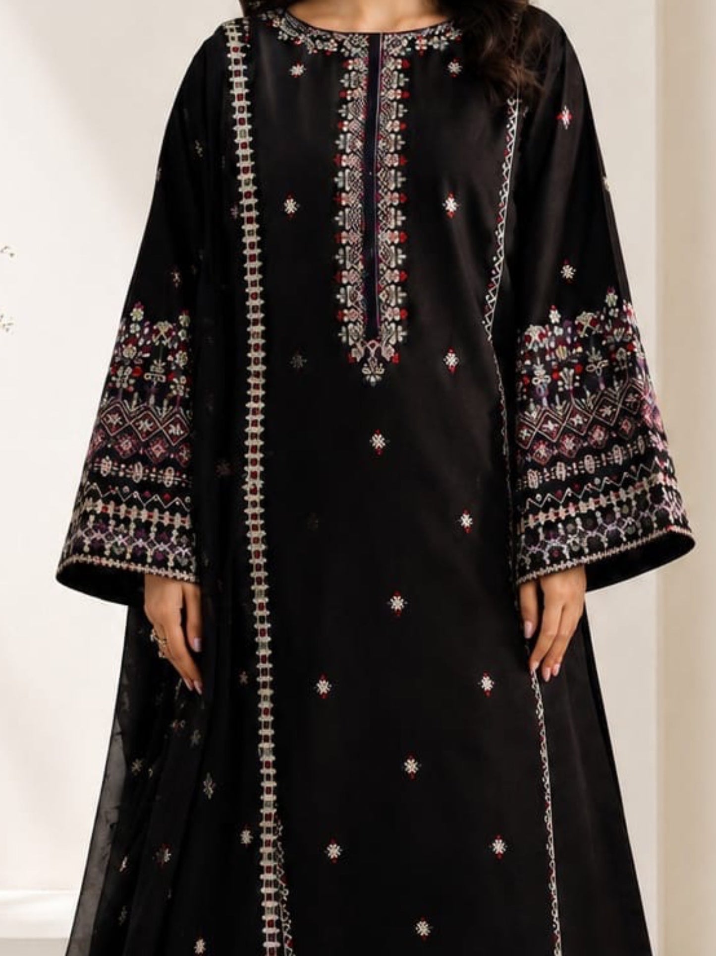 Black-Alina Lime Linen Embroidered Stitched 2-Piece Suit-Black pearl