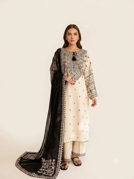White-Riwayat Wear Lawn Embroidered Stitched 3-Piece Suit-White Arfa