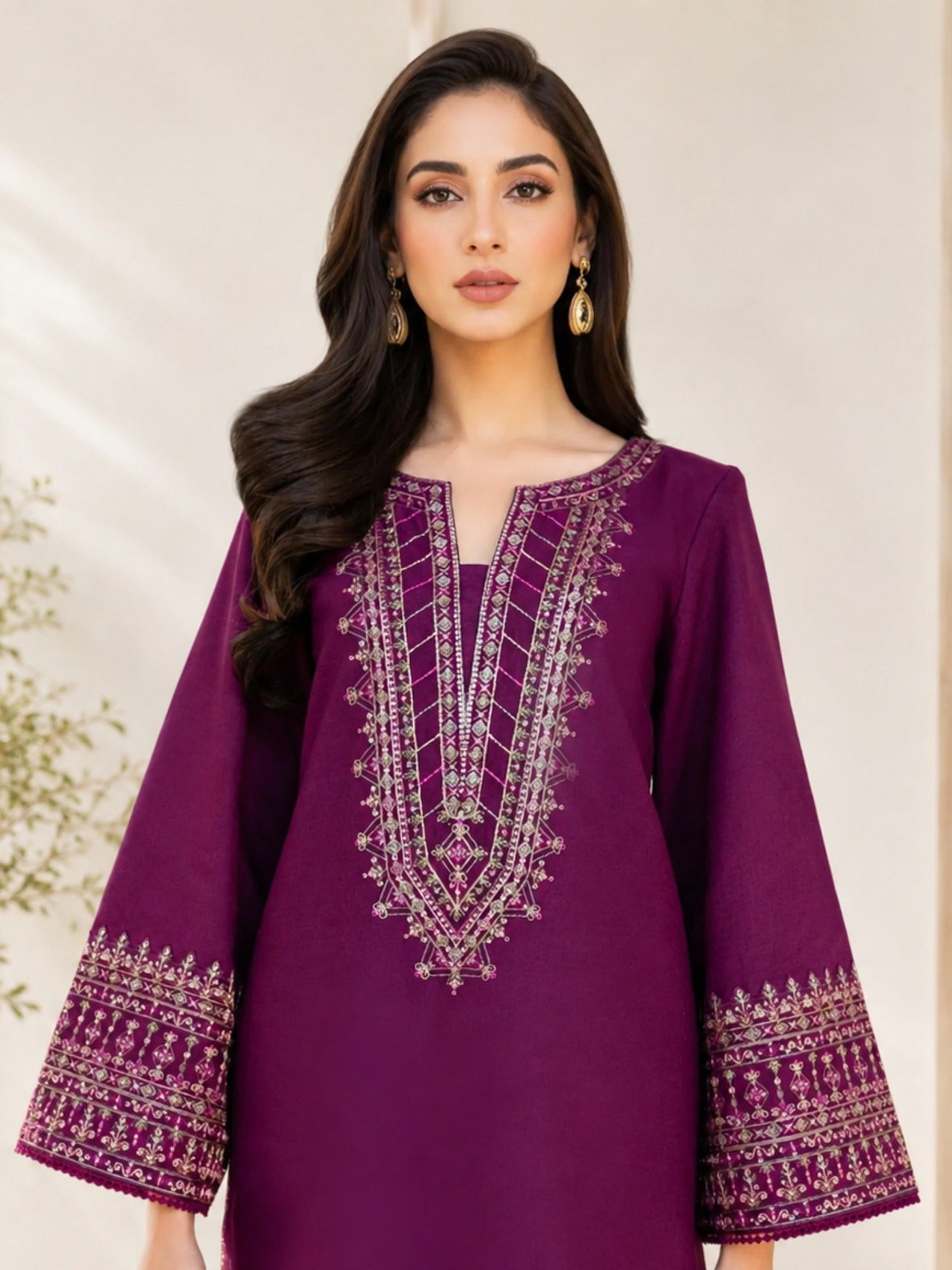 Purple-Alina Lime Summer Linen Embroiderd Stitched 2-Piece Suit-Purple Aura
