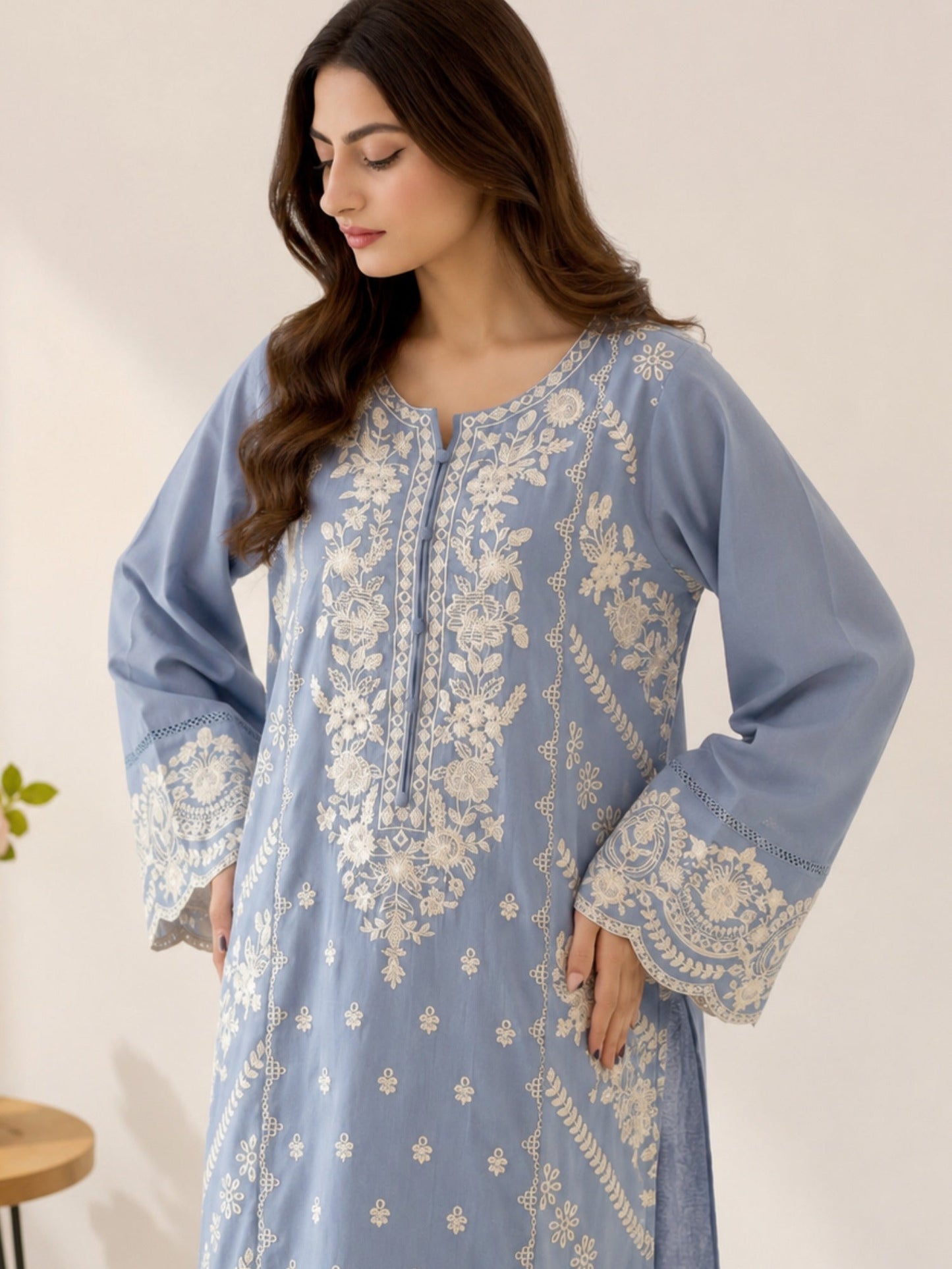 Sky Blue-Alina Lime Summer Linen Embroidered Stitched 3-Piece Suit-Sky Mist