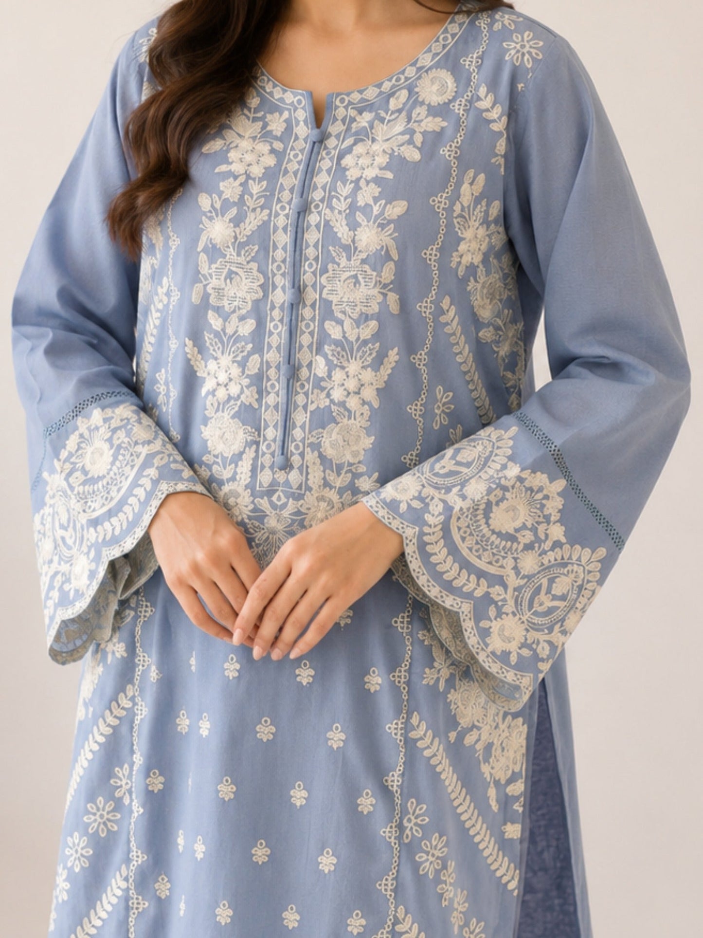 Sky Blue-Alina Lime Summer Linen Embroidered Stitched 3-Piece Suit-Sky Mist