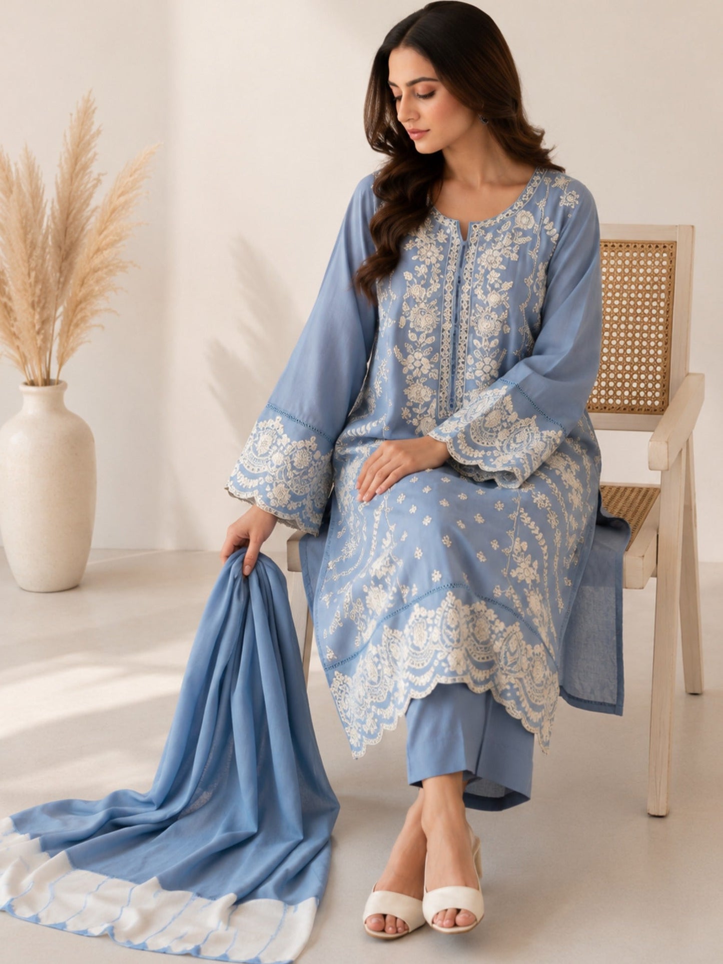 Sky Blue-Alina Lime Summer Linen Embroidered Stitched 3-Piece Suit-Sky Mist