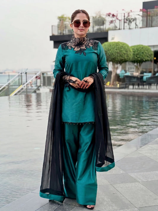 Green-Dua's Boutique Sheesha Silk Embroidered Stitched 3-Piece Suit-Zarmala