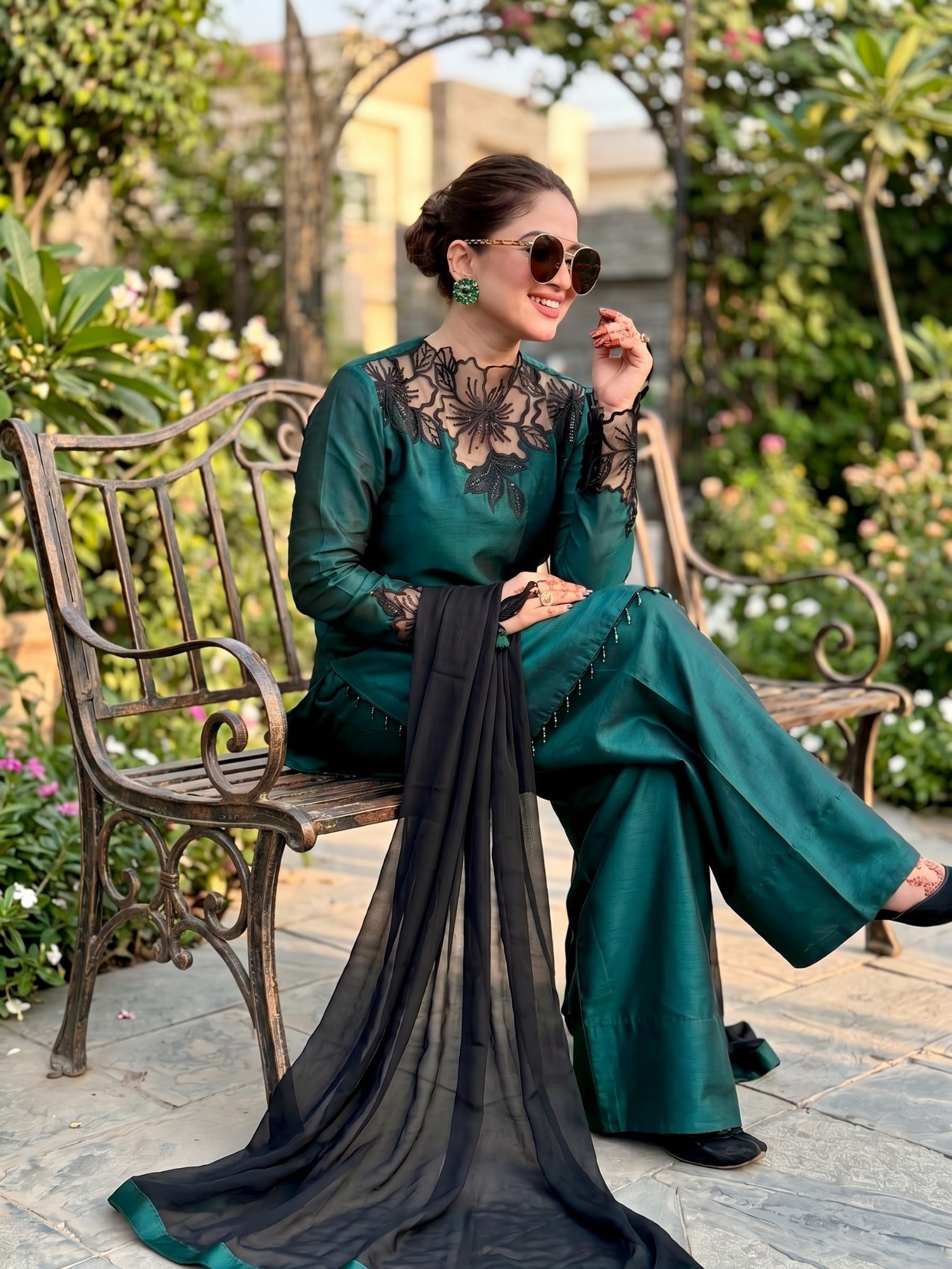 Green-Dua's Boutique Sheesha Silk Embroidered Stitched 3-Piece Suit-Zarmala