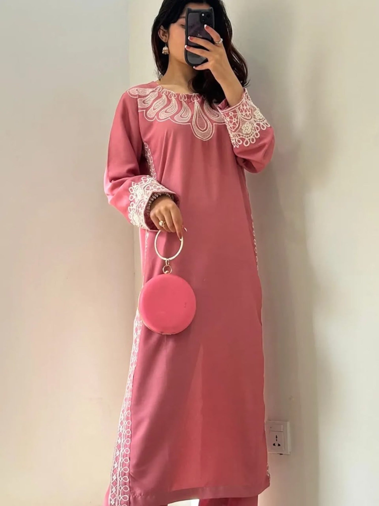 Pink-Alina Lime Summer Linen Embroidered Stitched 2-Piece Suit-Gullab