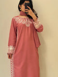 Pink-Alina Lime Summer Linen Embroidered Stitched 2-Piece Suit-Gullab