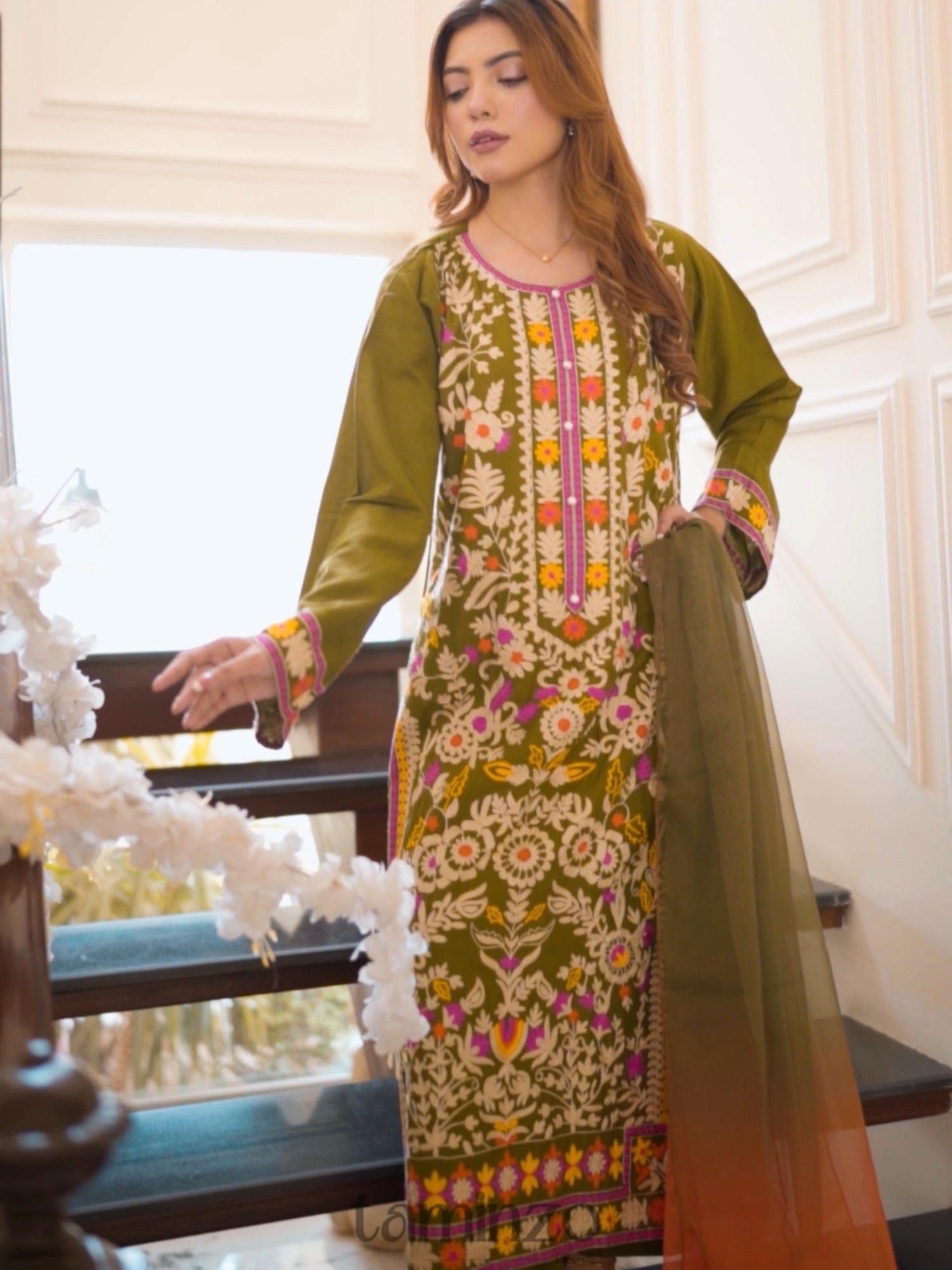 Green-Zeephire Linen Embroidered Stitched 3-Piece Suit-Abeera B