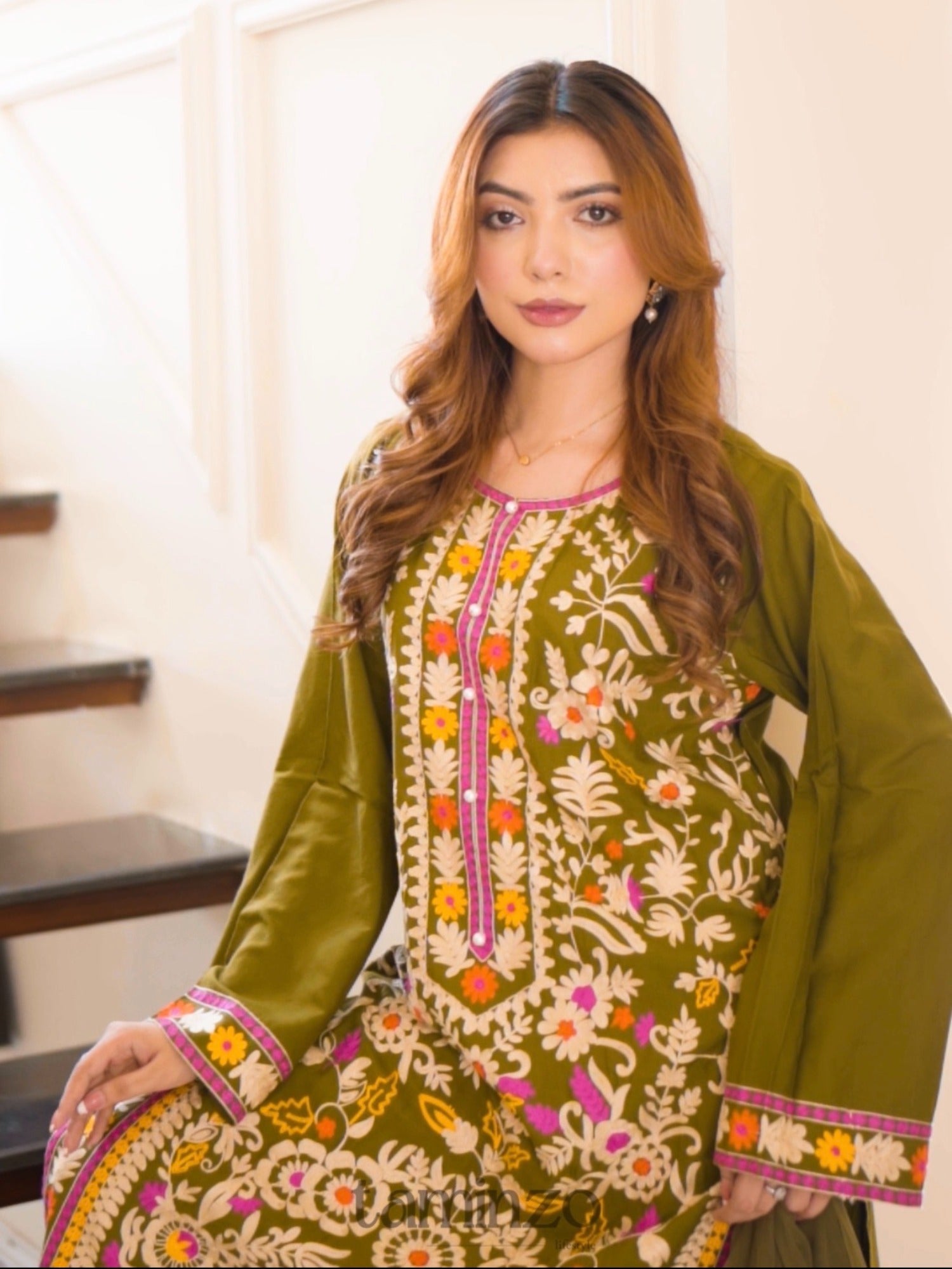 Green-Zeephire Linen Embroidered Stitched 3-Piece Suit-Abeera B