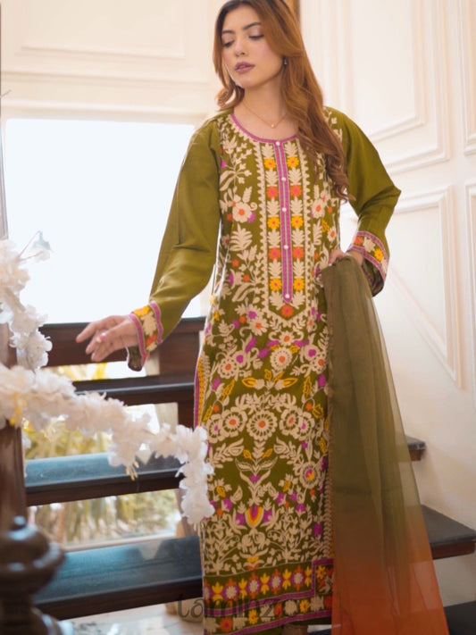 Green-Tawakal Closet linen Embroidered Stitched 3-Piece Suit-Meadow Grace