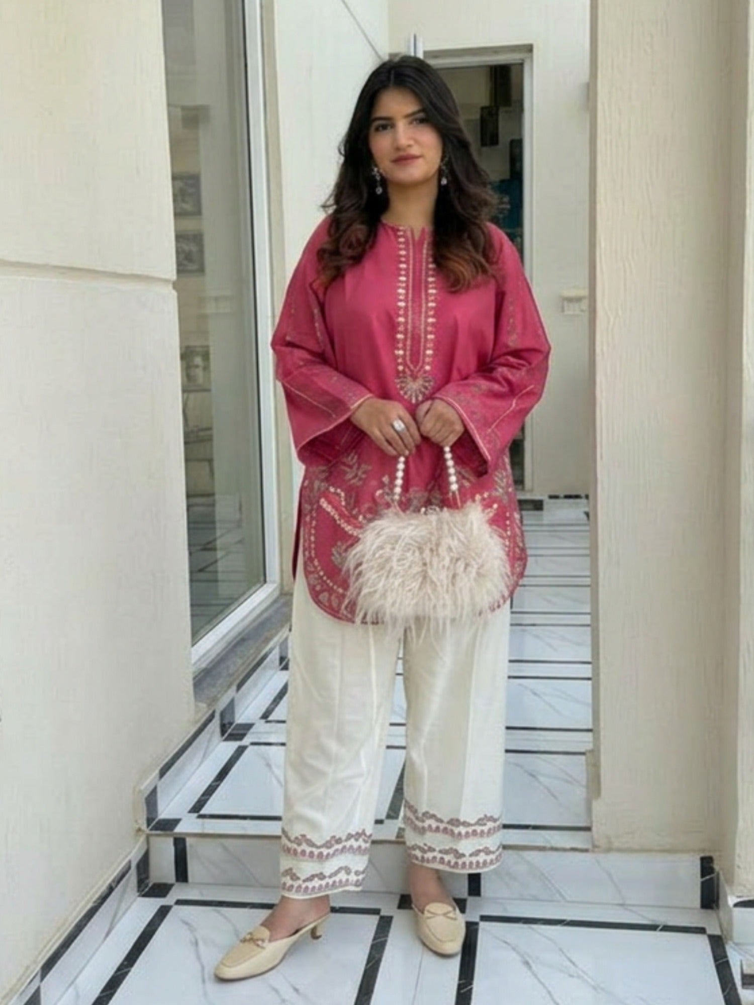 Pink-Tehzeeb Libas Lawn Embroidered Stitched 2-Piece Suit-Zirwa