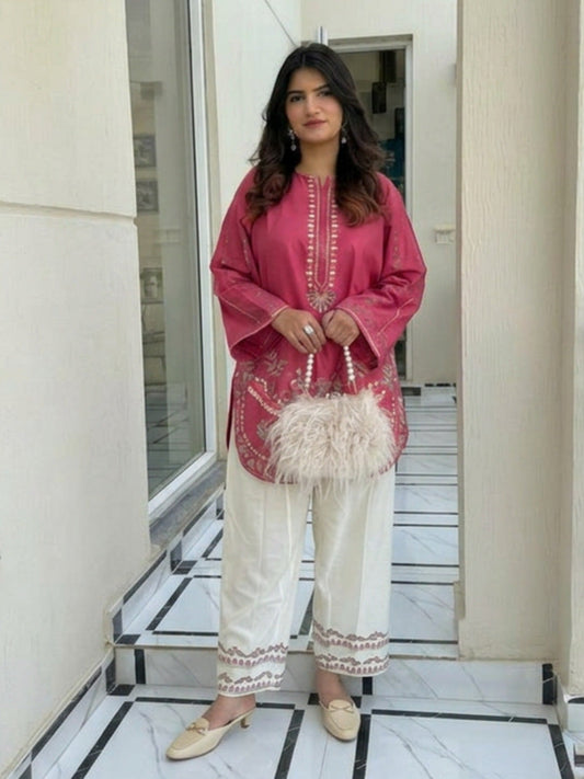 Pink-Tehzeeb Libas Lawn Embroidered Stitched 2-Piece Suit-Zirwa