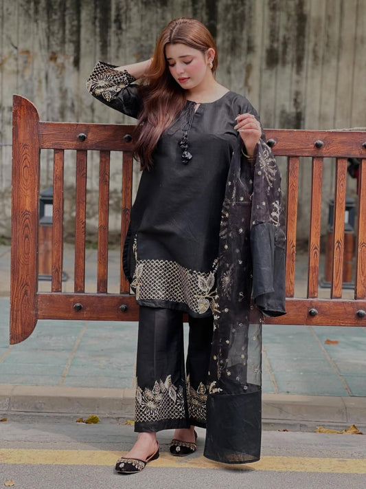 Black-Riwayat Wear Lawn Embroidered Stitched 3-Piece Suit-Black Flower