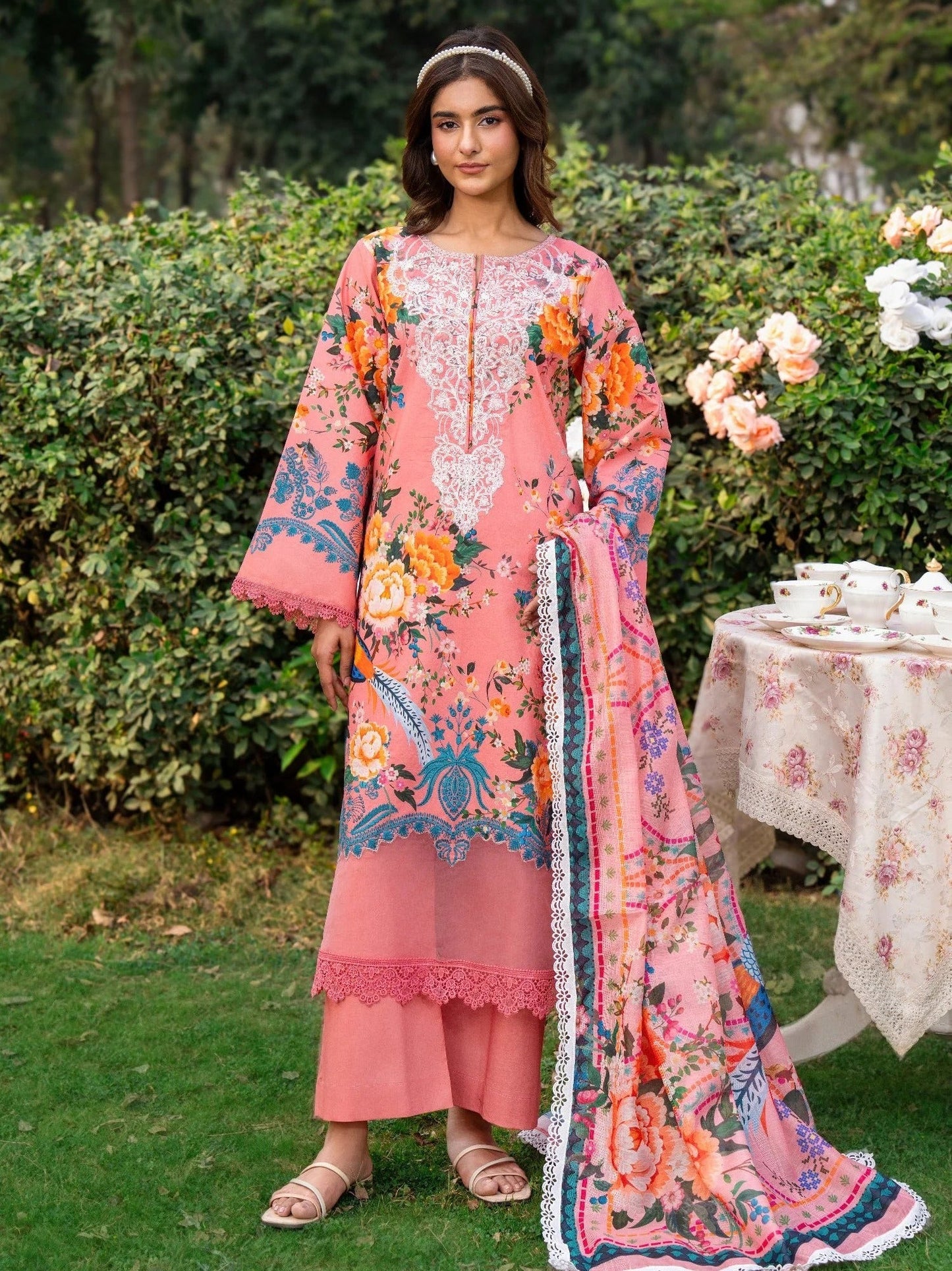Pink-Chandan Nagri Lawn Embroidered Stitched 3-Piece Suit-Eira