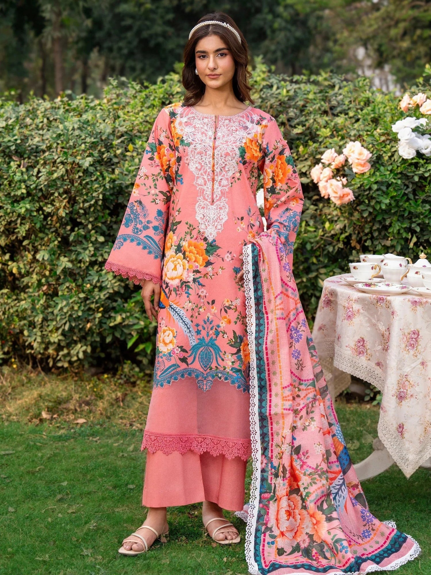 Pink-Chandan Nagri Lawn Embroidered Stitched 3-Piece Suit-Eira