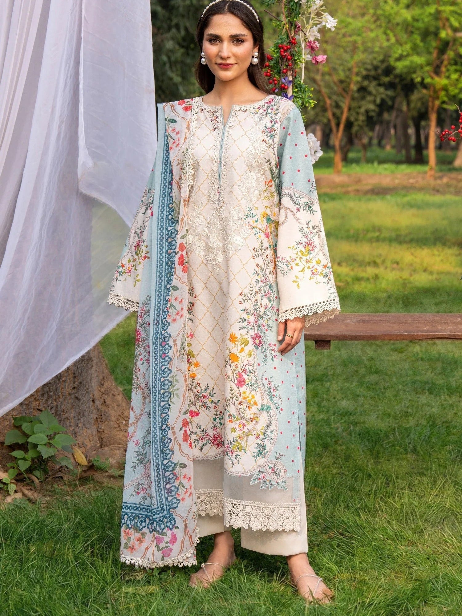 Blue and White-Chandan Nagri Lawn Embroidered Stitched 3-Piece Suit-Oree Skye