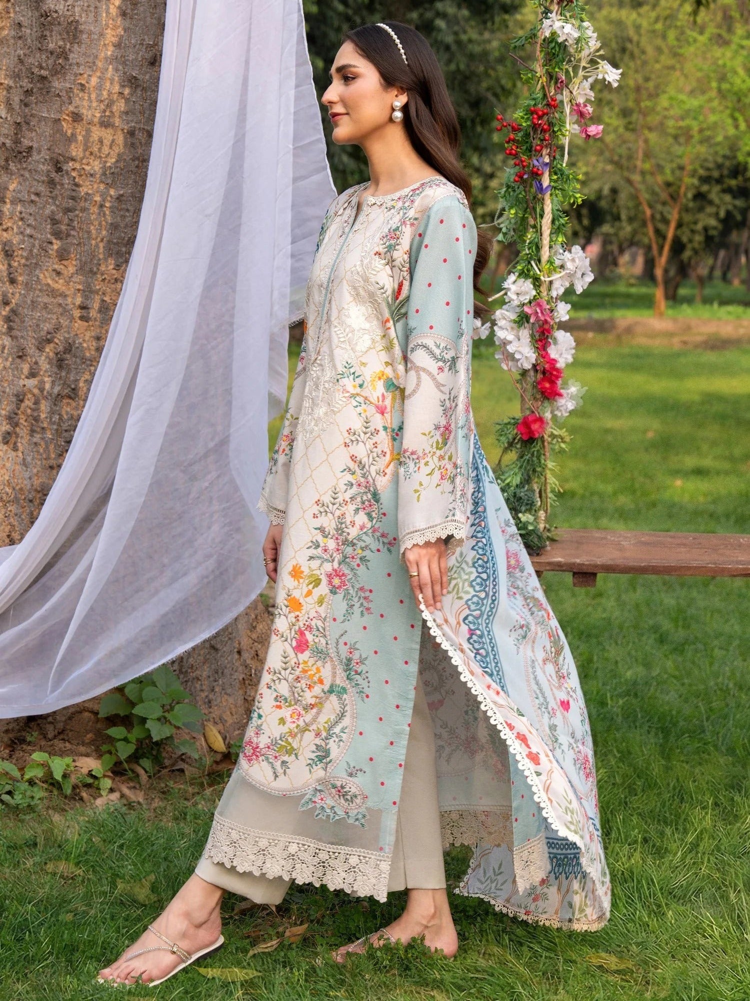 Blue and White-Chandan Nagri Lawn Embroidered Stitched 3-Piece Suit-Oree Skye