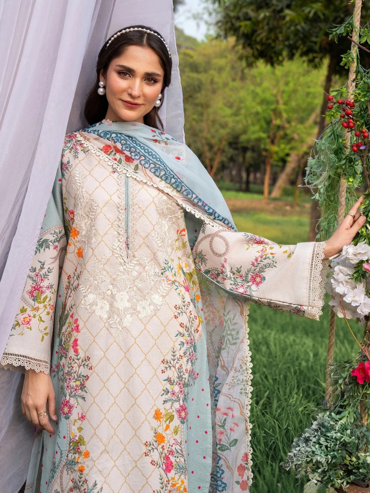 Blue and White-Chandan Nagri Lawn Embroidered Stitched 3-Piece Suit-Oree Skye