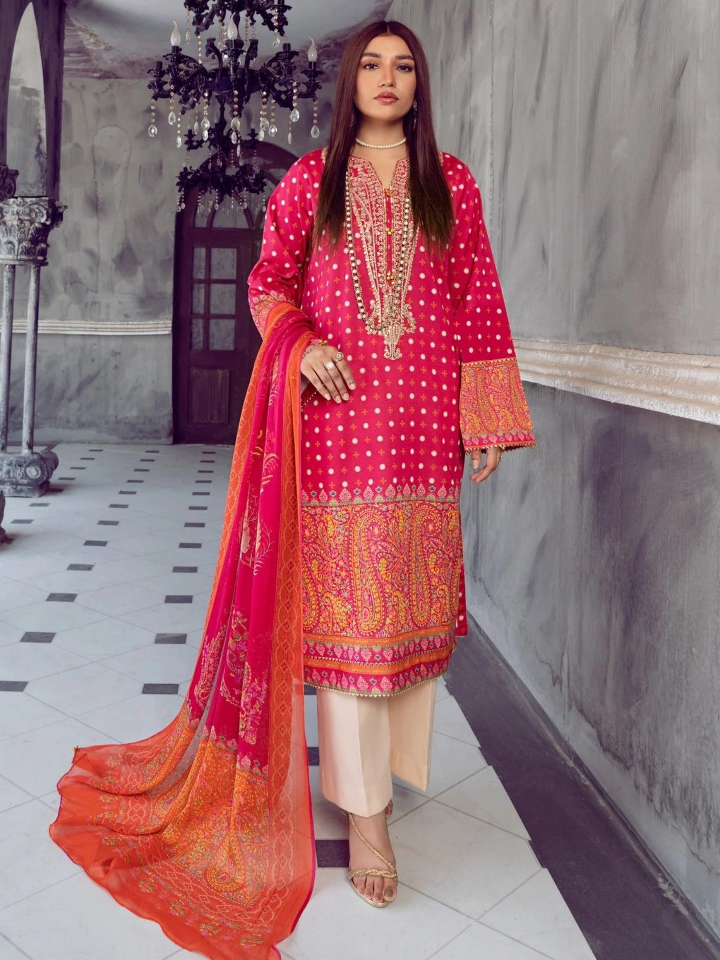 Pink-Chandan Nagri Lawn Embroidered Stitched 3-Piece Suit-Dhallina