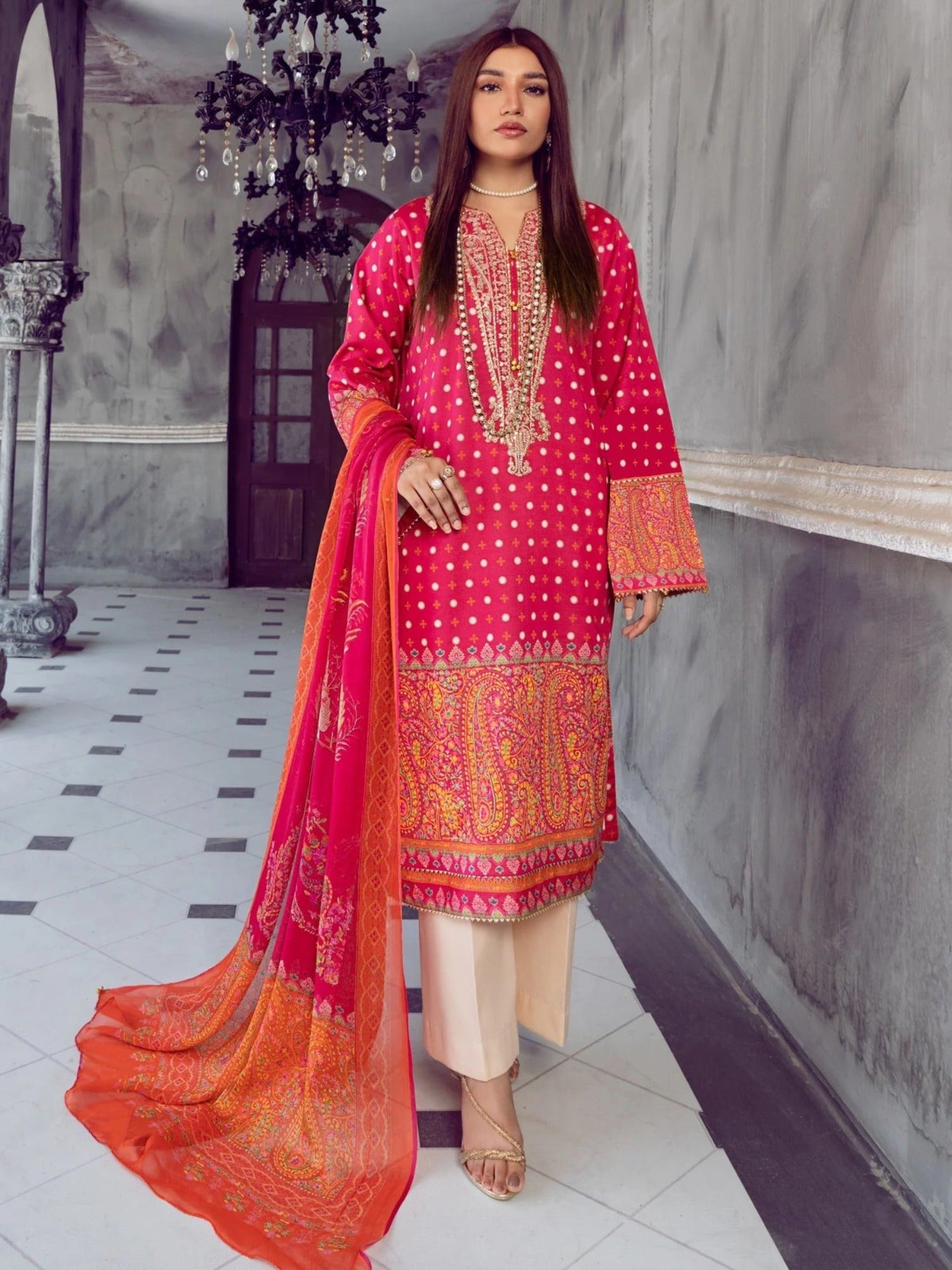 Pink-Chandan Nagri Lawn Embroidered Stitched 3-Piece Suit-Dhallina