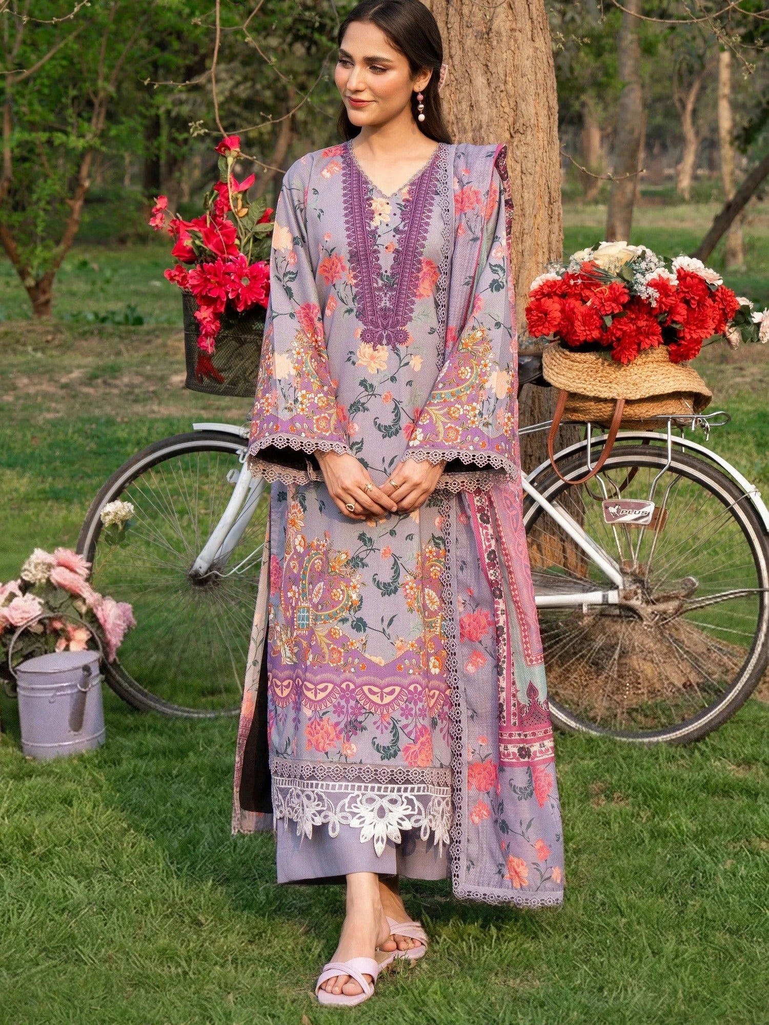 Purple-Chandan Nagri Lawn Embroidered Stitched 3-Piece Suit-Melody Skye