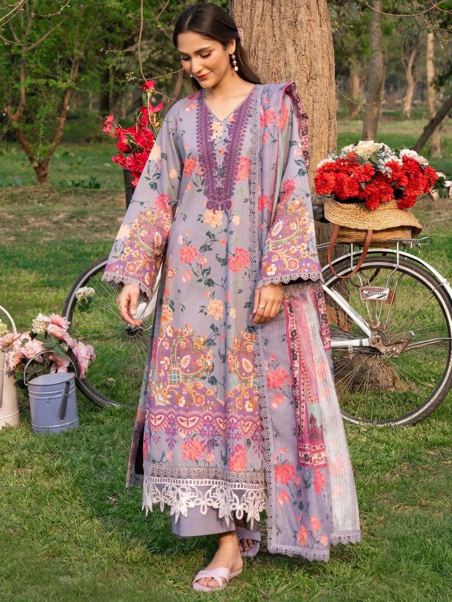 Purple-Chandan Nagri Lawn Embroidered Stitched 3-Piece Suit-Melody Skye