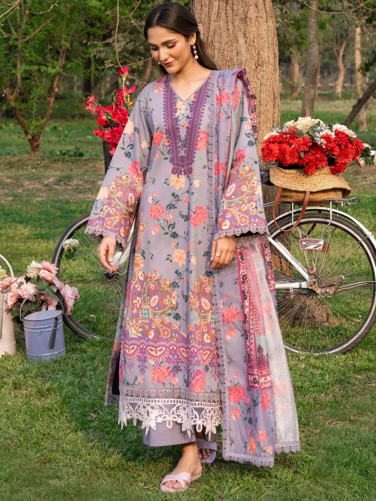 Purple-Chandan Nagri Lawn Embroidered Stitched 3-Piece Suit-Melody Skye