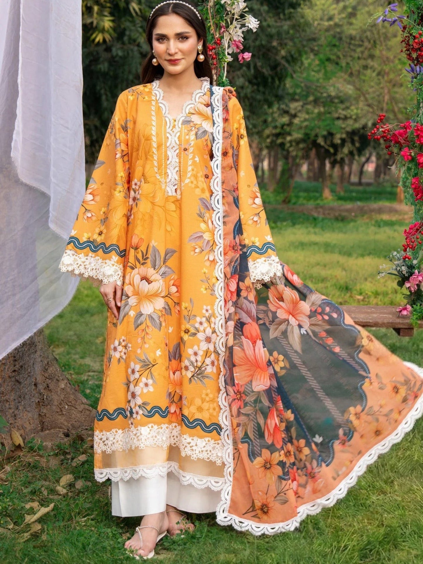Orange-Chandan Nagri Lawn Embroidered Stitched 3-Piece Suit-Lioré