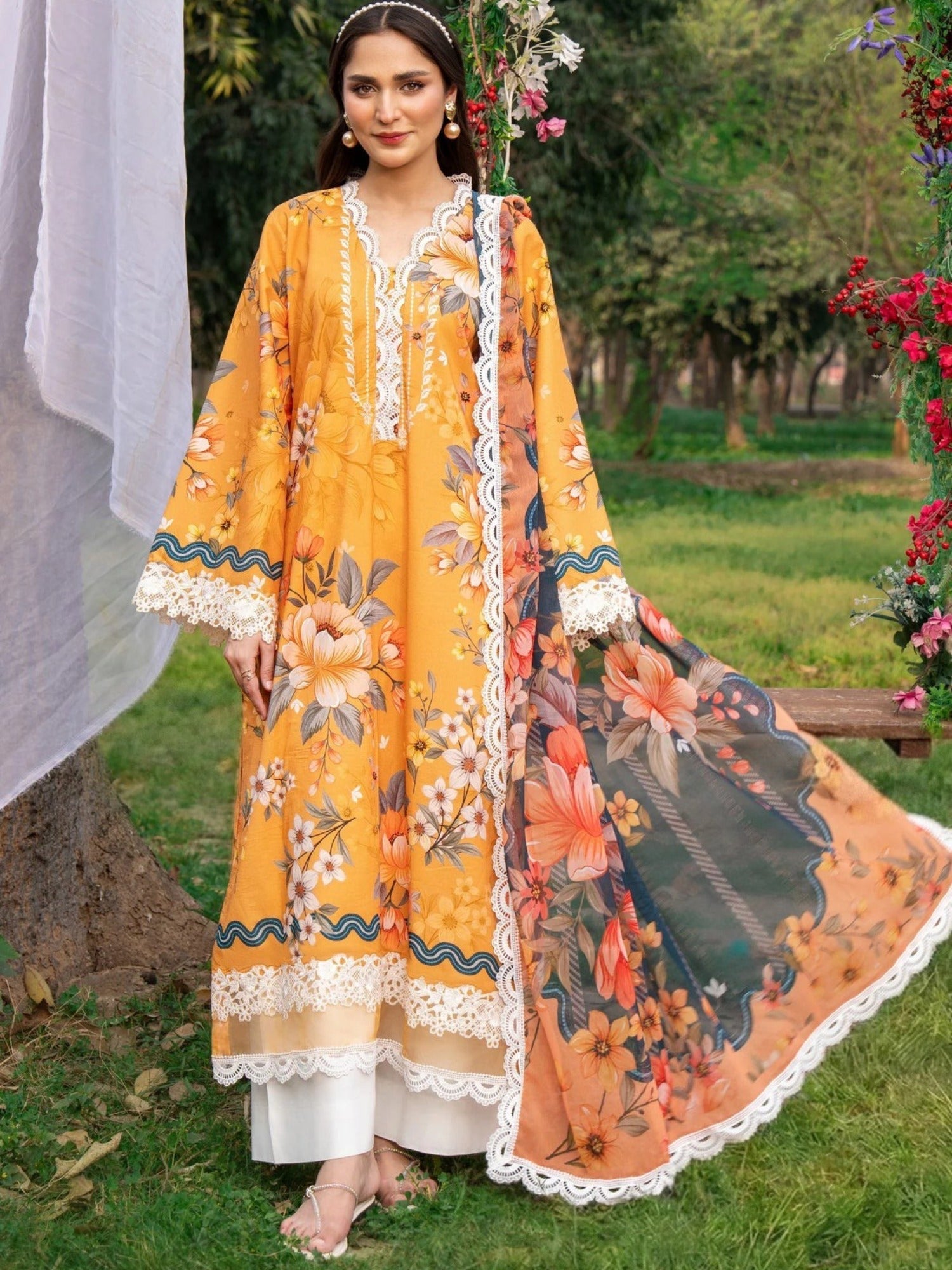Orange-Chandan Nagri Lawn Embroidered Stitched 3-Piece Suit-Lioré