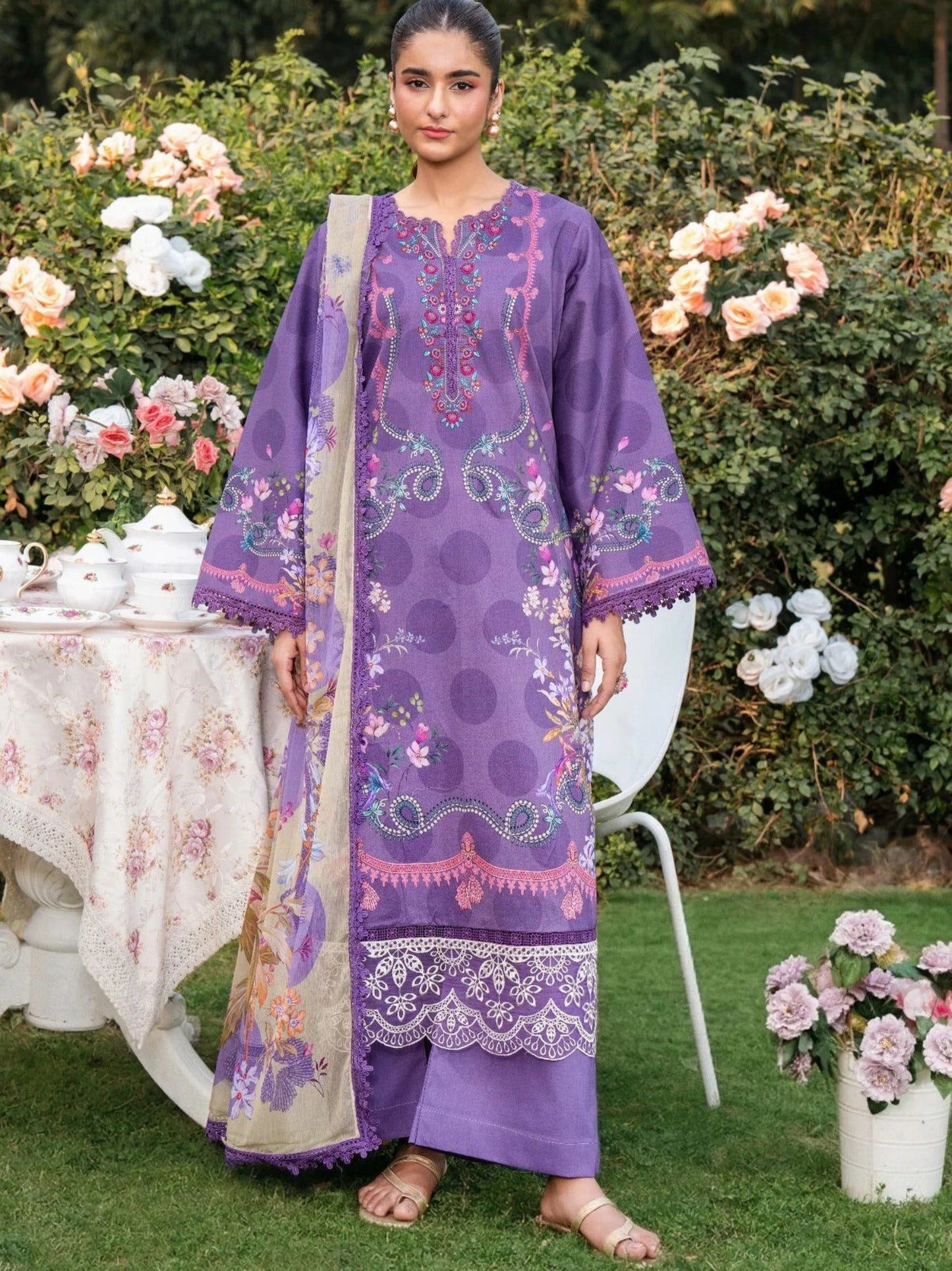 Purple-Chandan Nagri Lawn Embroidered Stitched 3-Piece Suit-Petal Dream