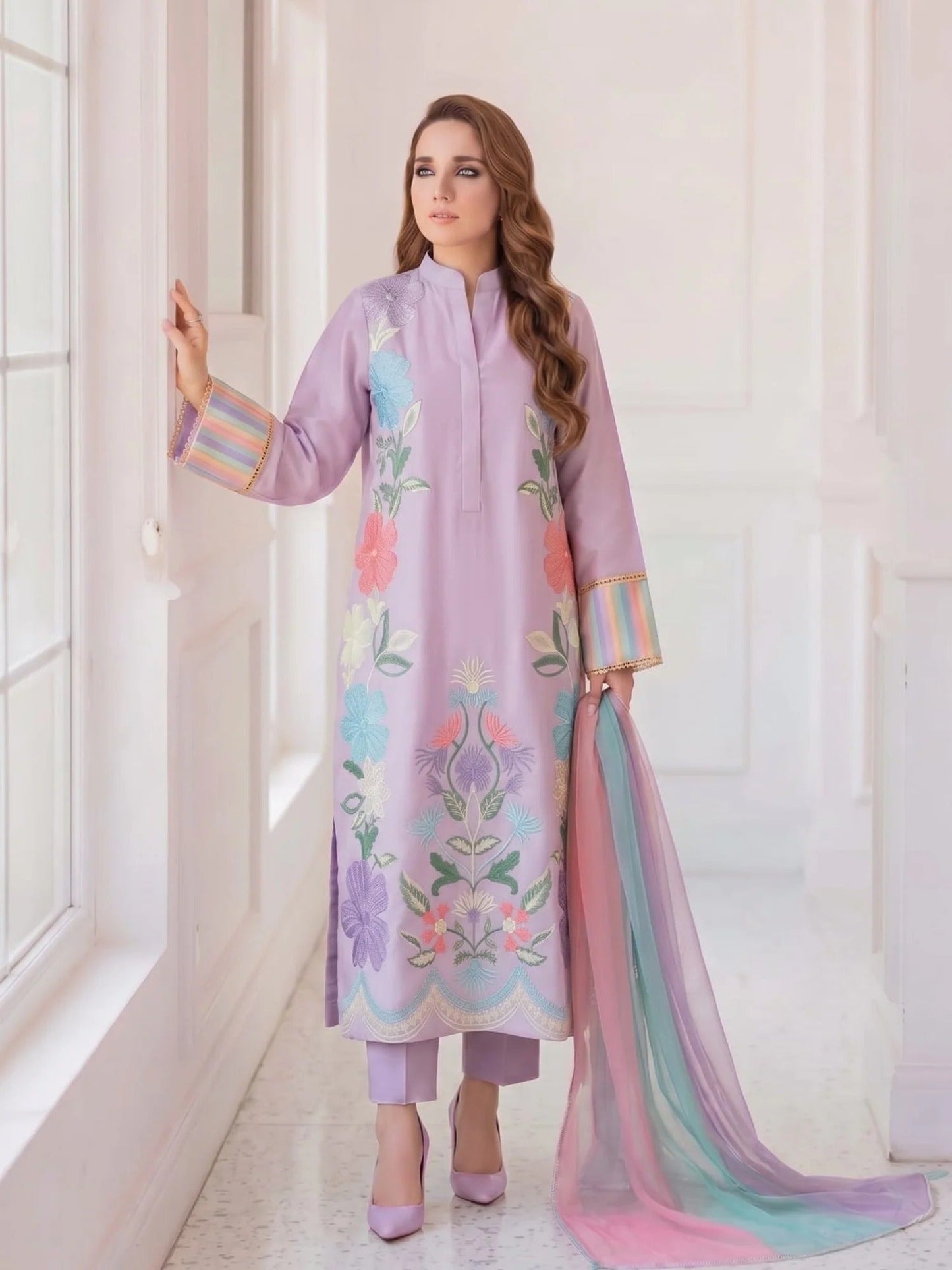 Lilac-Duas Boutique Lawn Embroidered Stitched 3-Piece Suit-Lilly