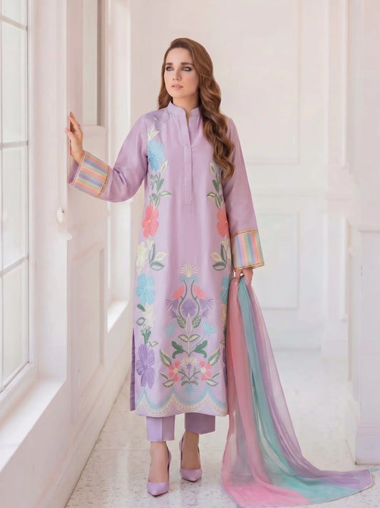 Lilac-Duas Boutique Lawn Embroidered Stitched 3-Piece Suit-Lilly