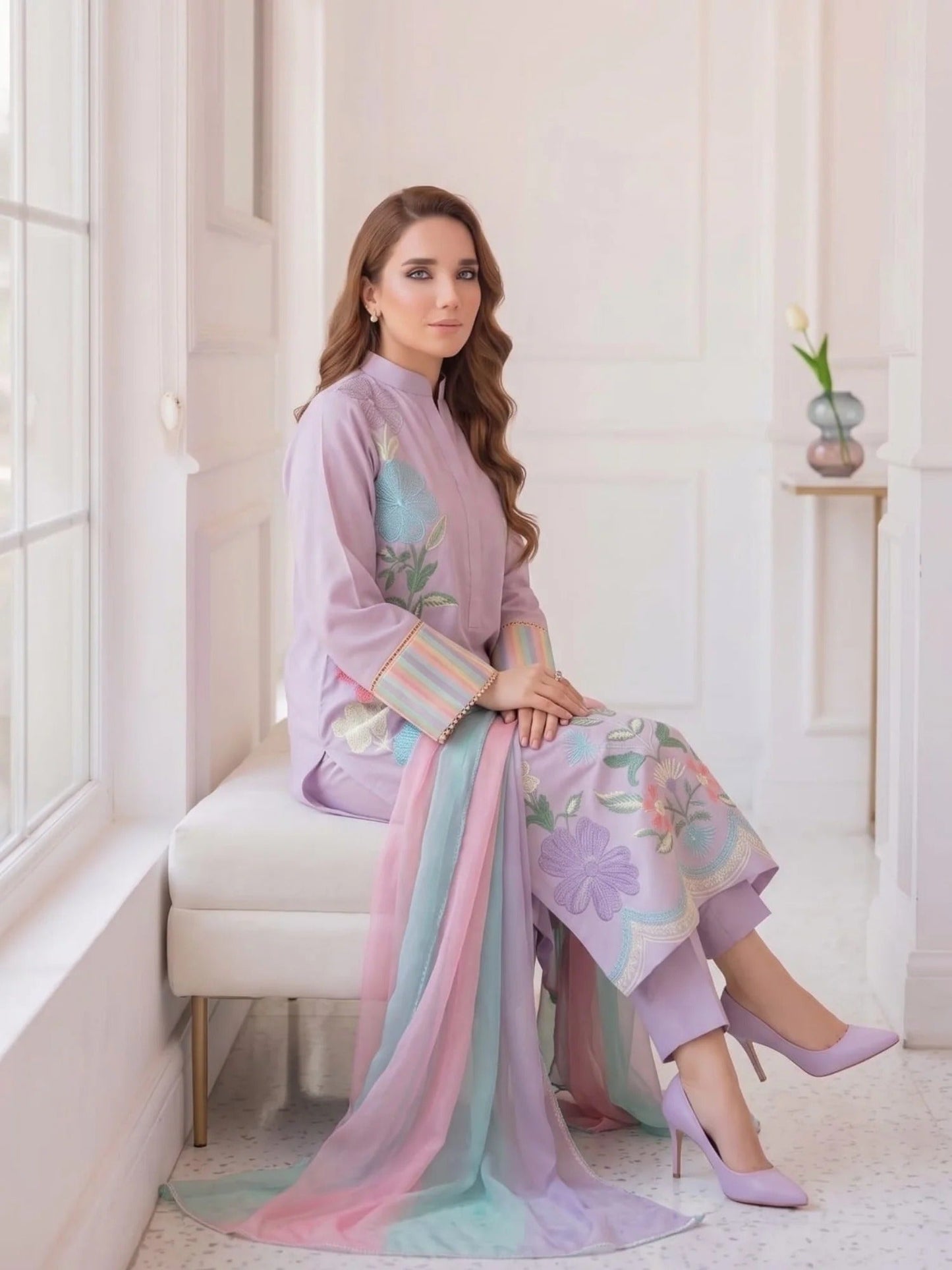 Lilac-Duas Boutique Lawn Embroidered Stitched 3-Piece Suit-Lilly