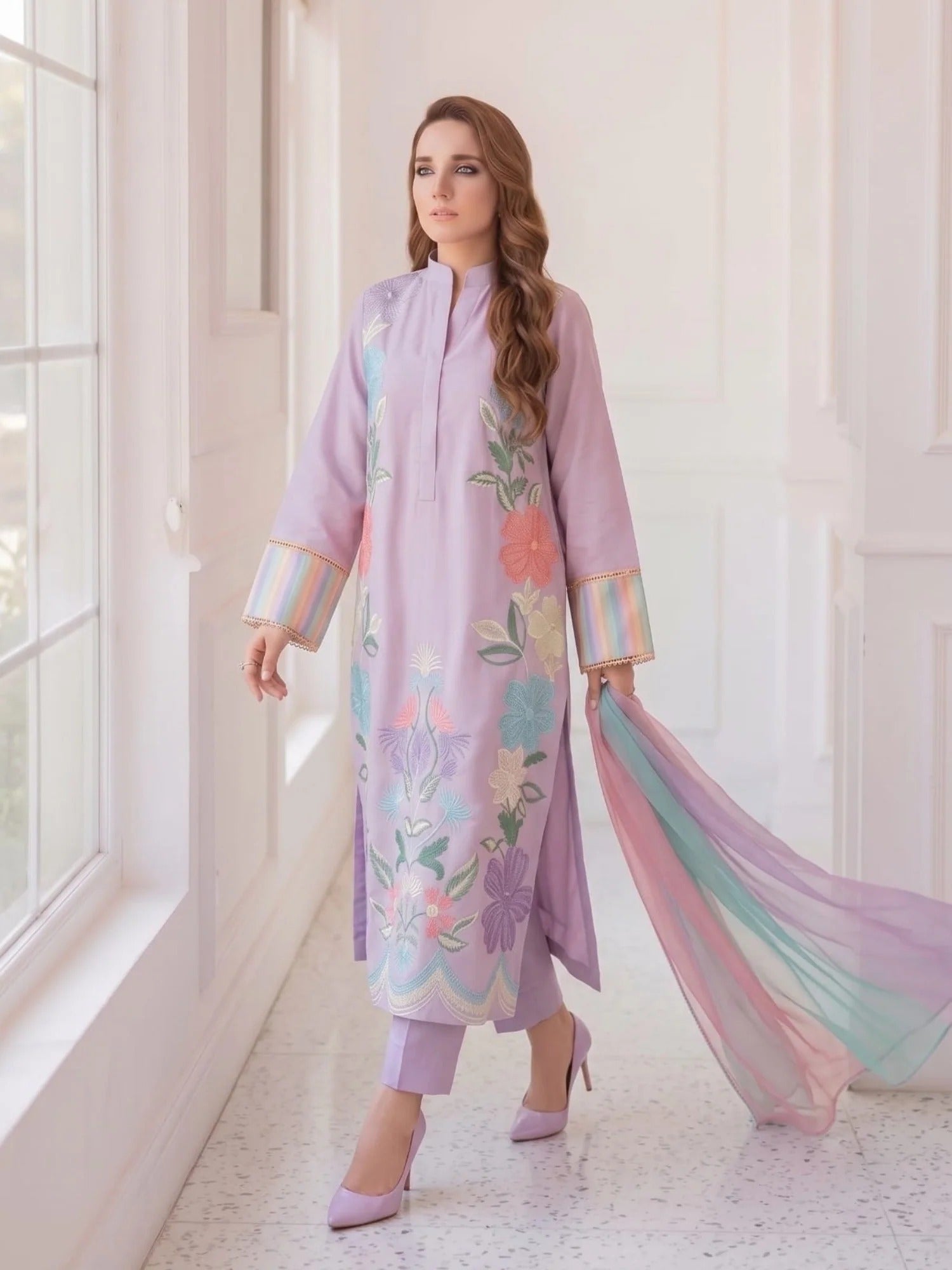 Lilac-Duas Boutique Lawn Embroidered Stitched 3-Piece Suit-Lilly