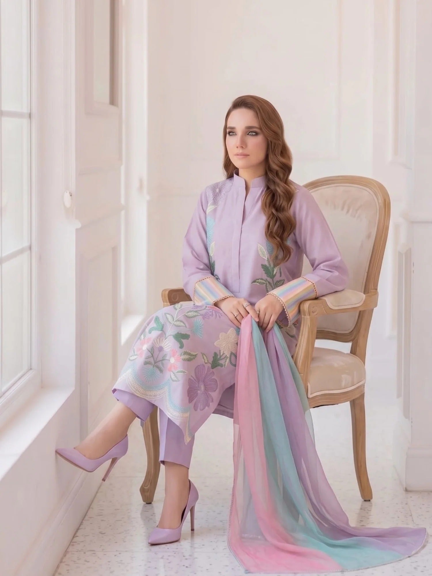 Lilac-Duas Boutique Lawn Embroidered Stitched 3-Piece Suit-Lilly