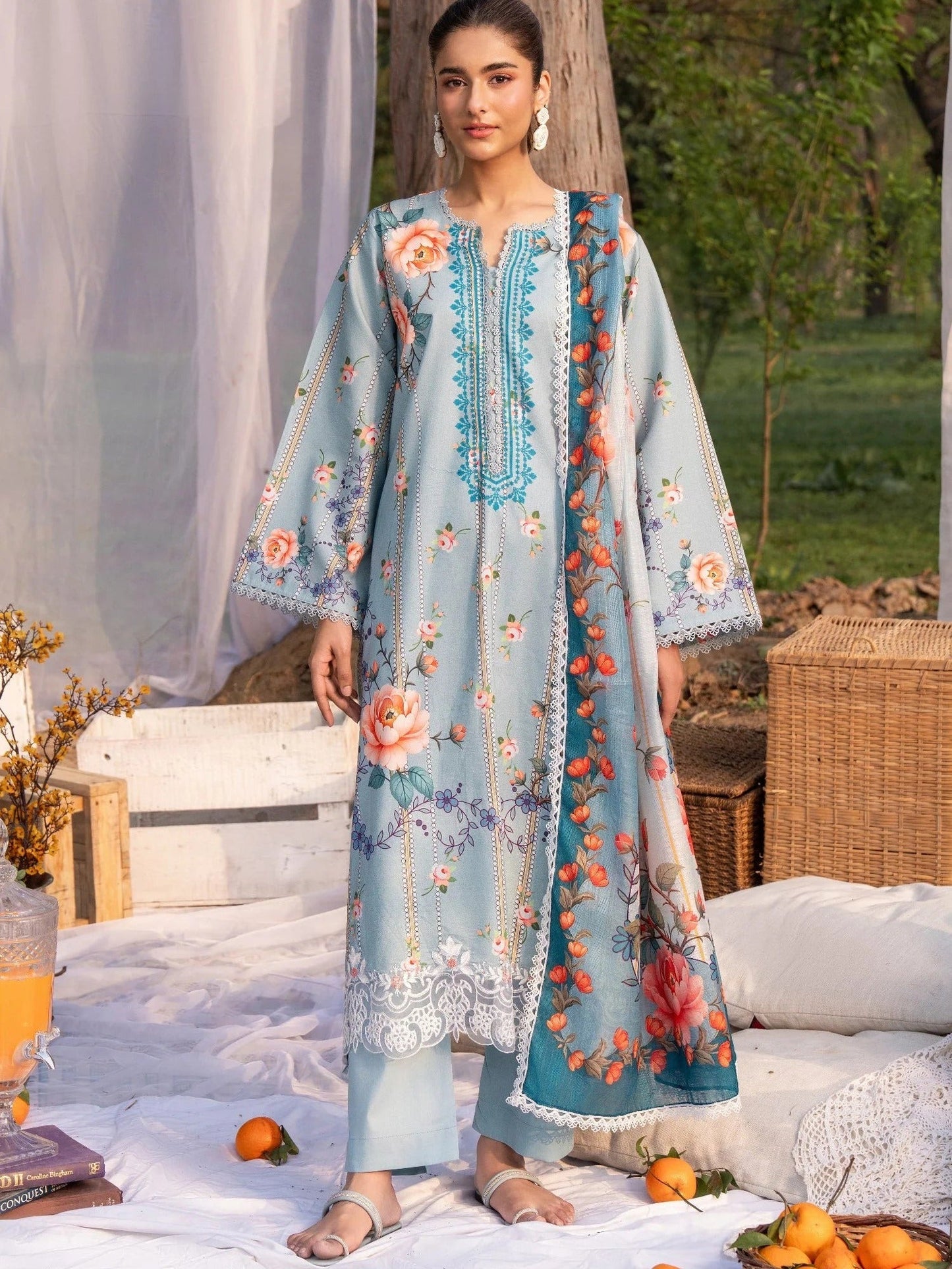 Blue-Chandan Nagri Lawn Embroidered Stitched 3-Piece Suit-Jasmine Breeze