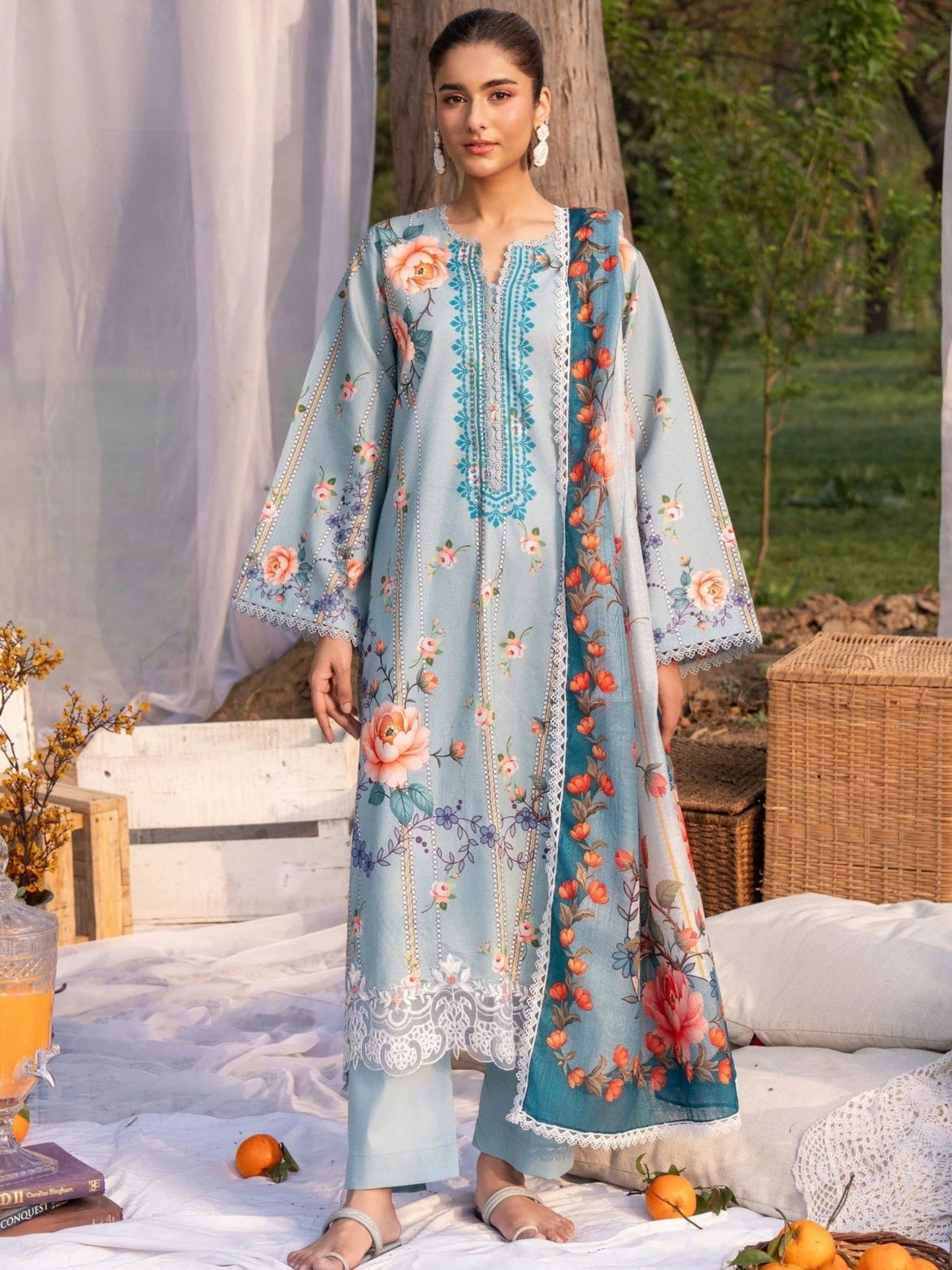 Blue-Chandan Nagri Lawn Embroidered Stitched 3-Piece Suit-Jasmine Breeze