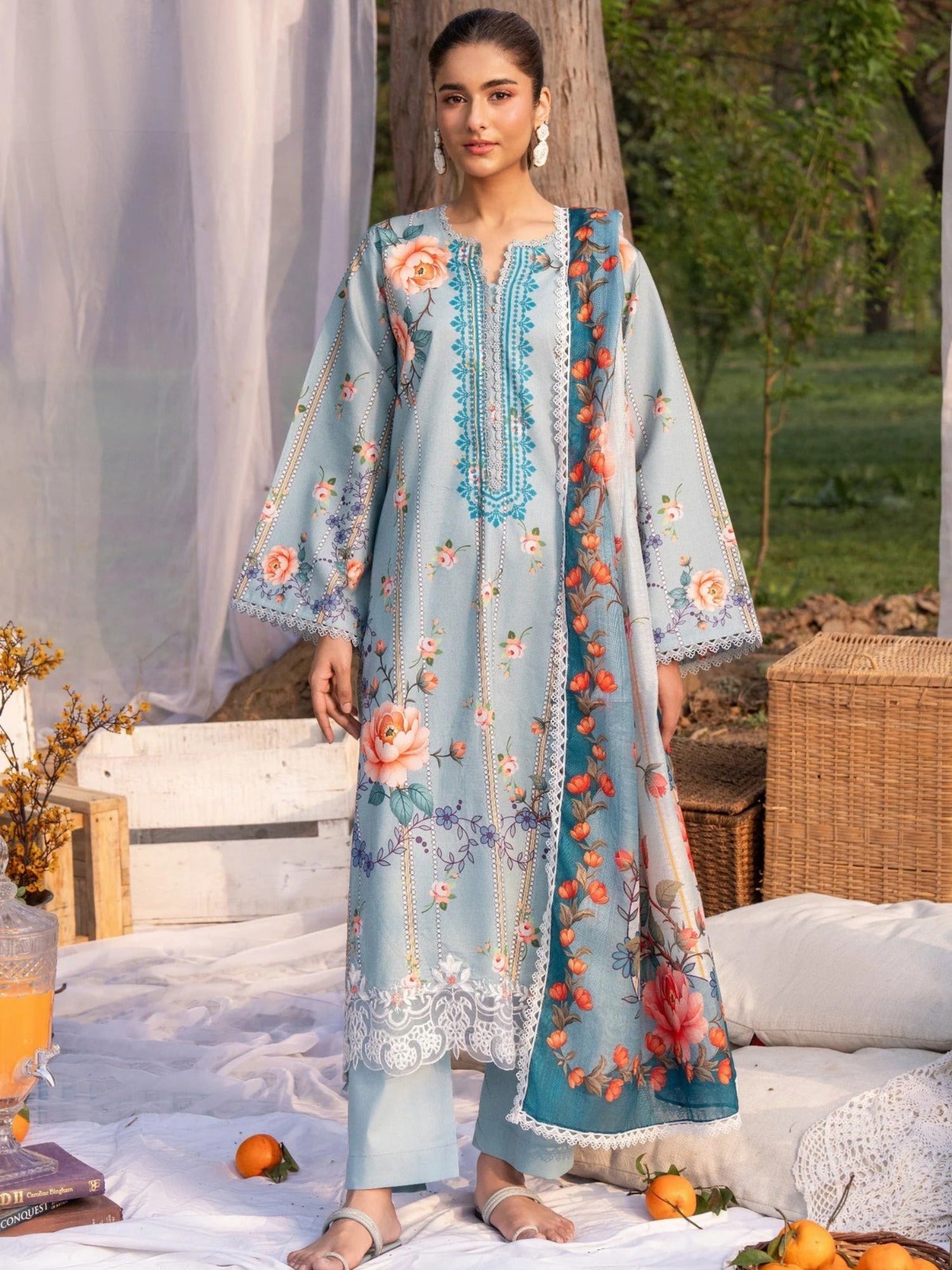 Blue-Chandan Nagri Lawn Embroidered Stitched 3-Piece Suit-Jasmine Breeze