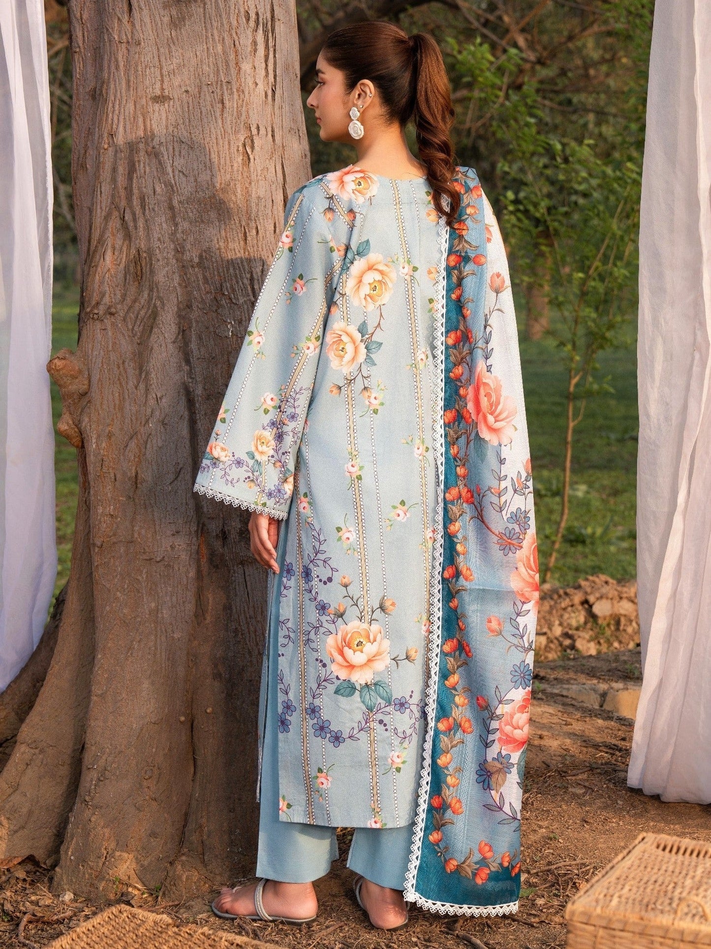 Blue-Chandan Nagri Lawn Embroidered Stitched 3-Piece Suit-Jasmine Breeze
