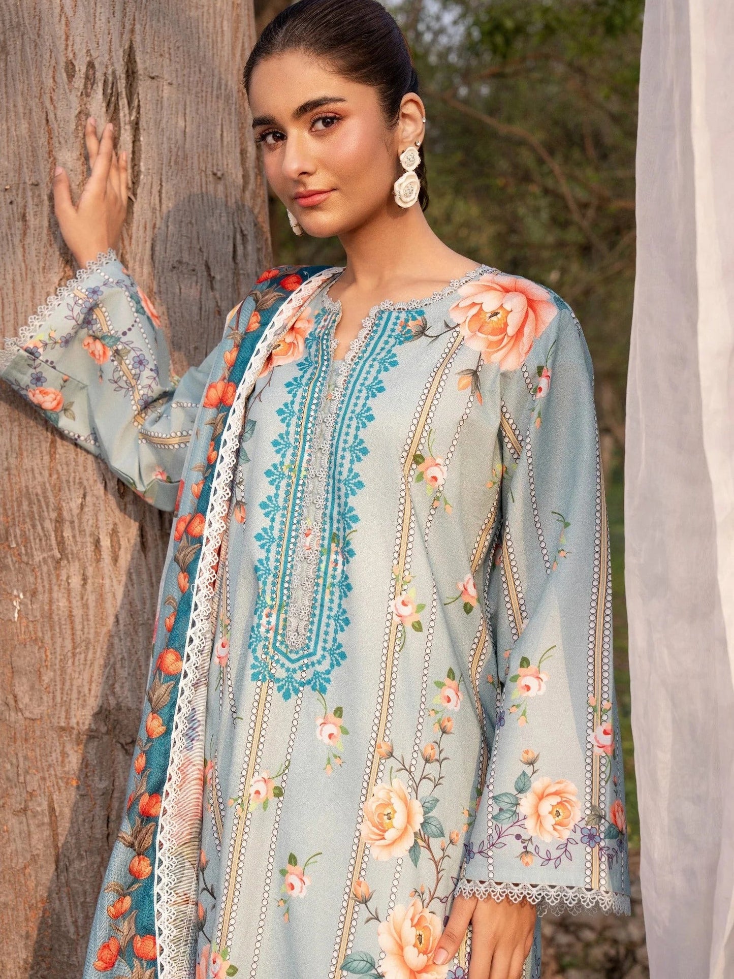 Blue-Chandan Nagri Lawn Embroidered Stitched 3-Piece Suit-Jasmine Breeze
