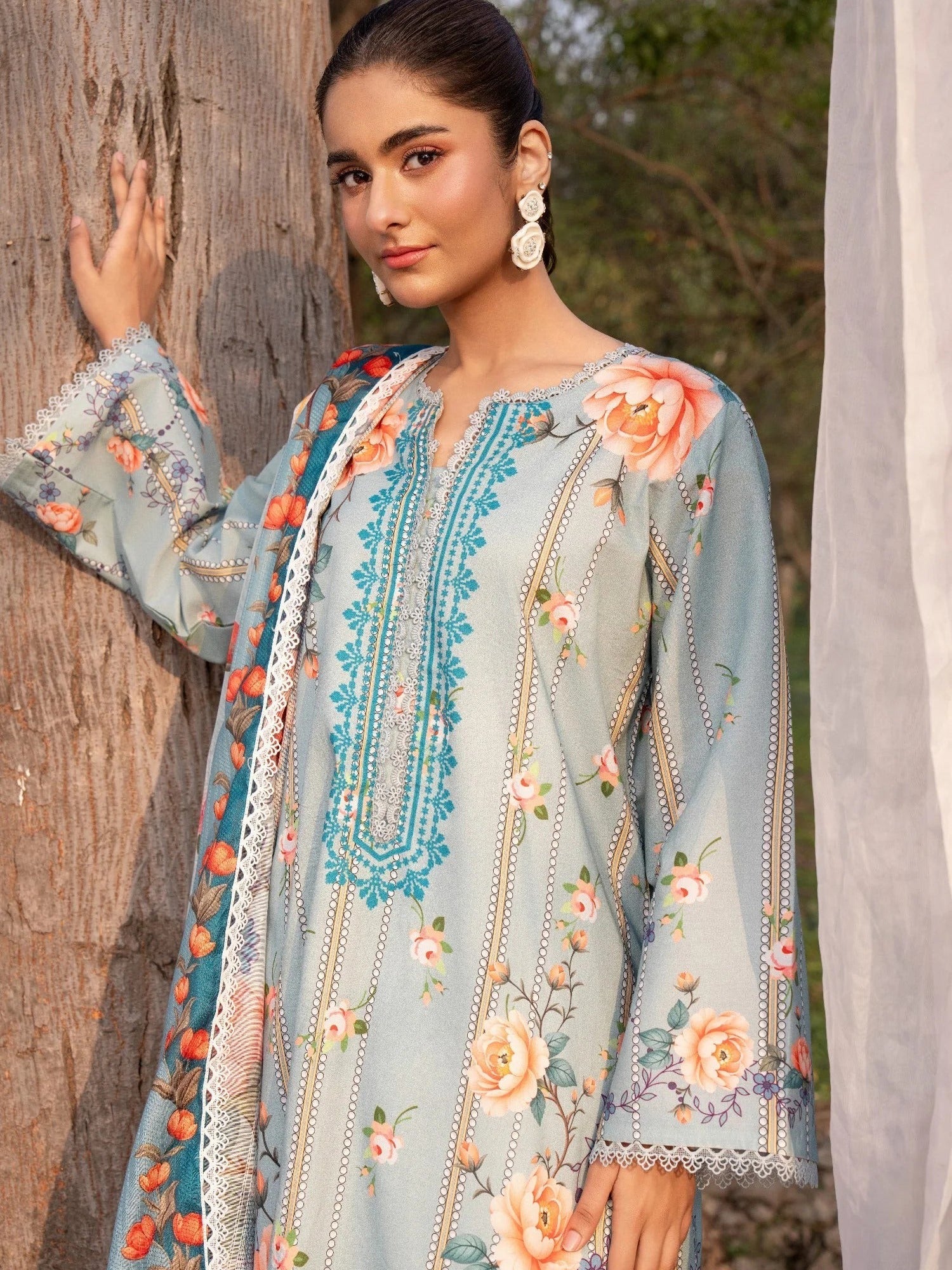 Blue-Chandan Nagri Lawn Embroidered Stitched 3-Piece Suit-Jasmine Breeze