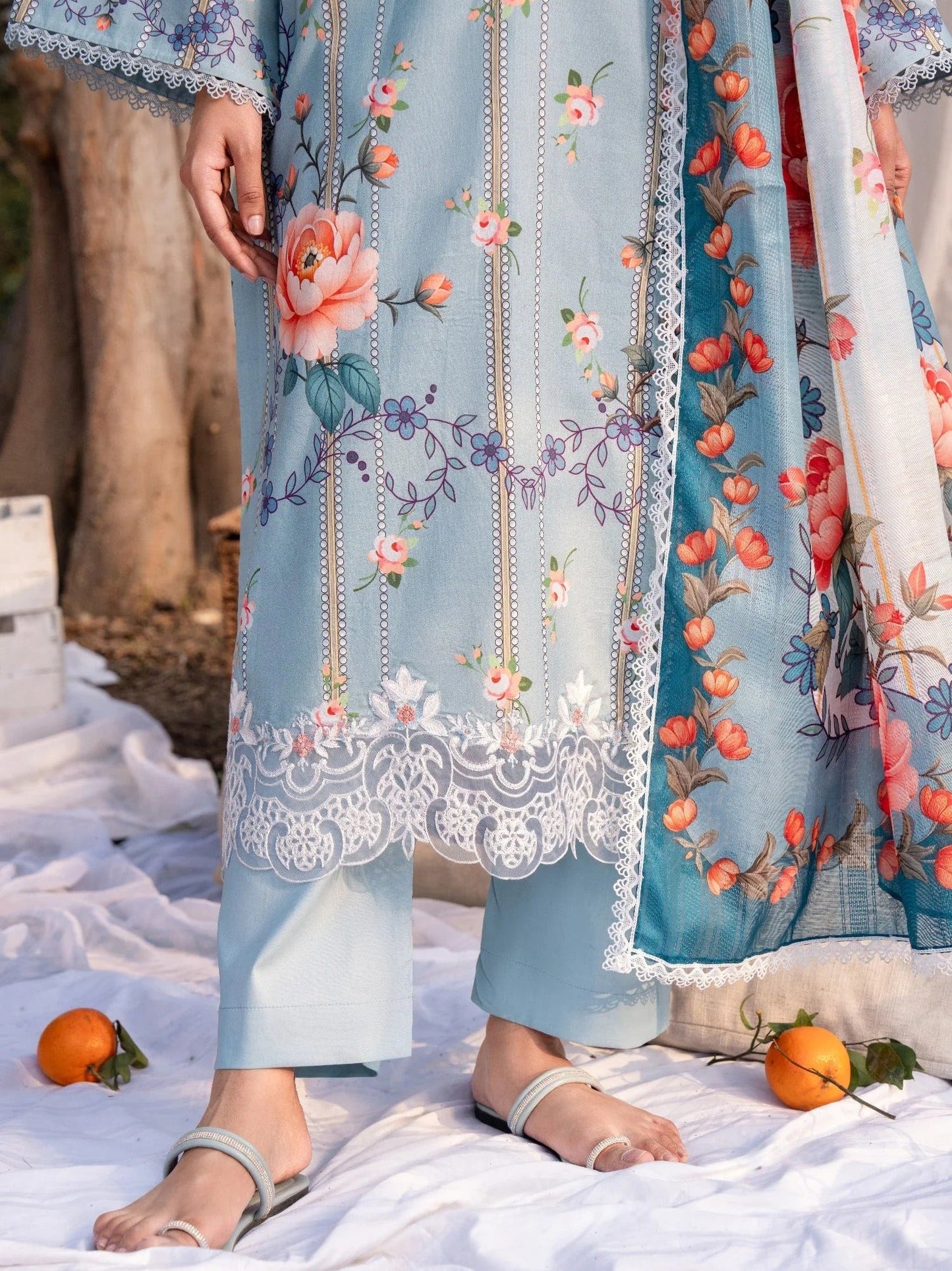 Blue-Chandan Nagri Lawn Embroidered Stitched 3-Piece Suit-Jasmine Breeze