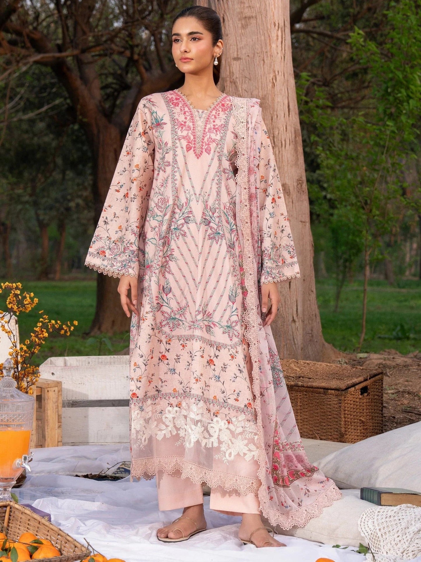 Pink-Chandan Nagri Lawn Embroidered Stitched 3-Piece Suit-Jian Tao