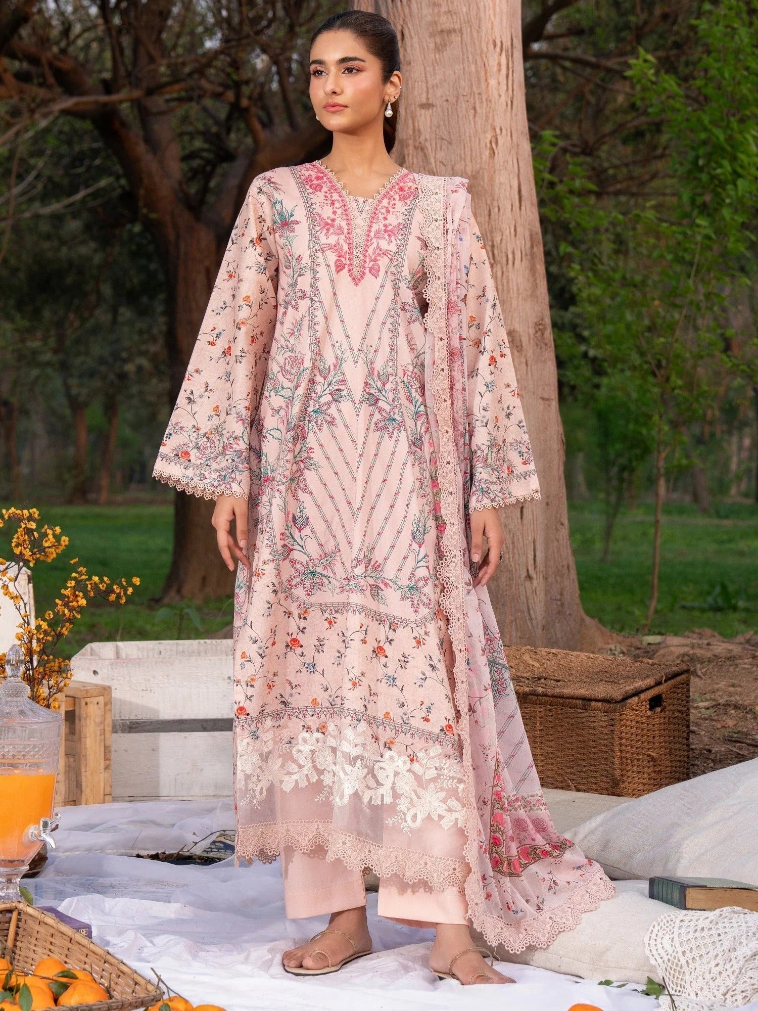 Pink-Chandan Nagri Lawn Embroidered Stitched 3-Piece Suit-Jian Tao