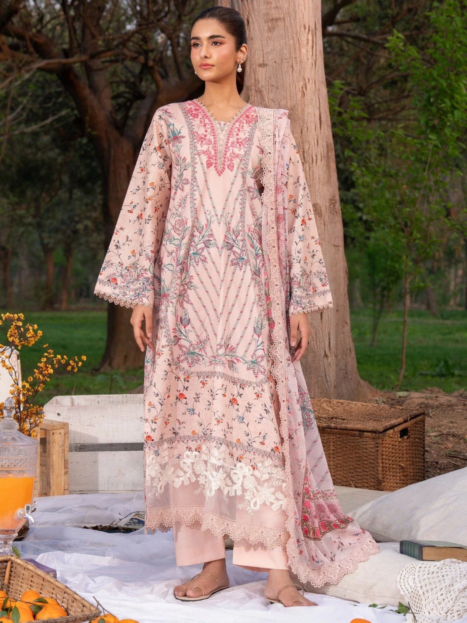 Pink-Chandan Nagri Lawn Embroidered Stitched 3-Piece Suit-Jian Tao