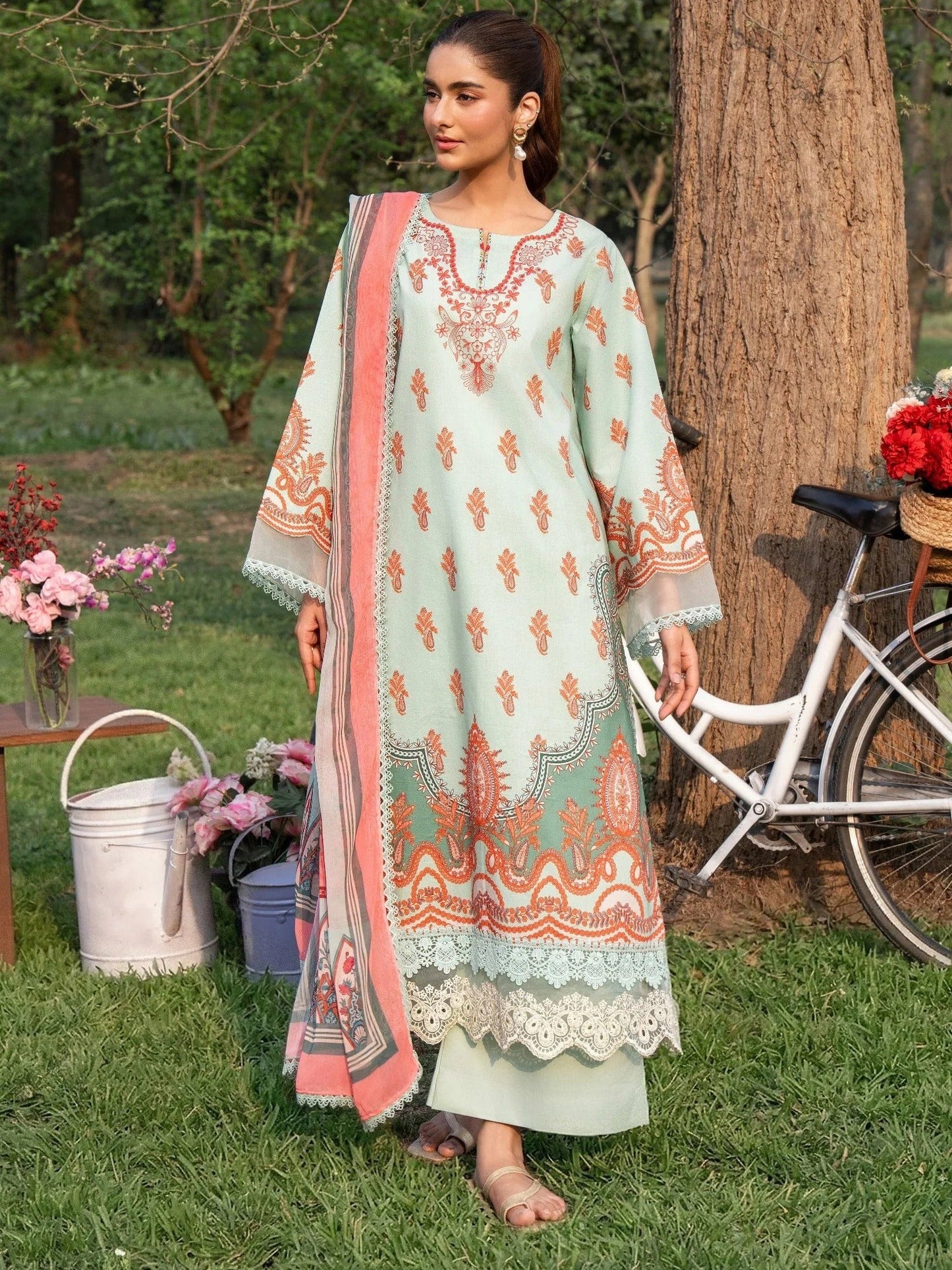 Mint green and orange-Chandan Nagri Lawn Embroidered Stitched 3-Piece Suit-Bi Yun