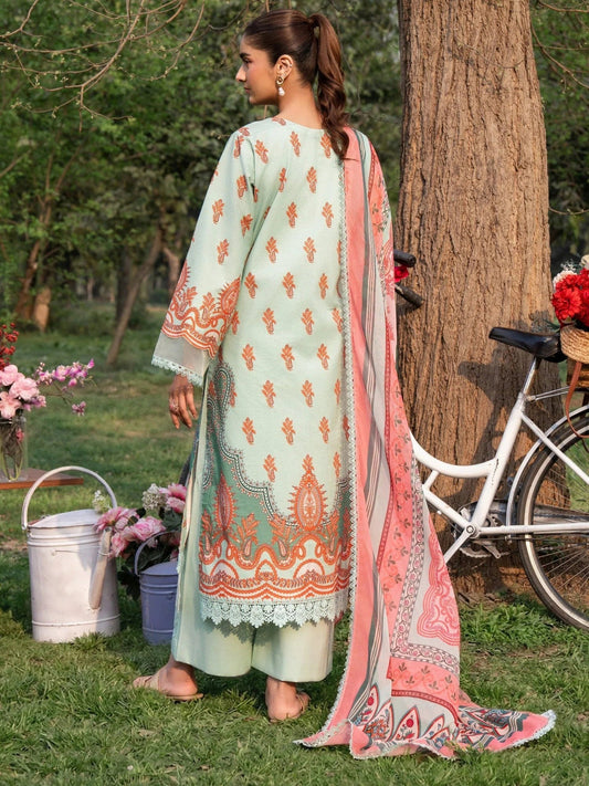 Mint green and orange-Chandan Nagri Lawn Embroidered Stitched 3-Piece Suit-Bi Yun