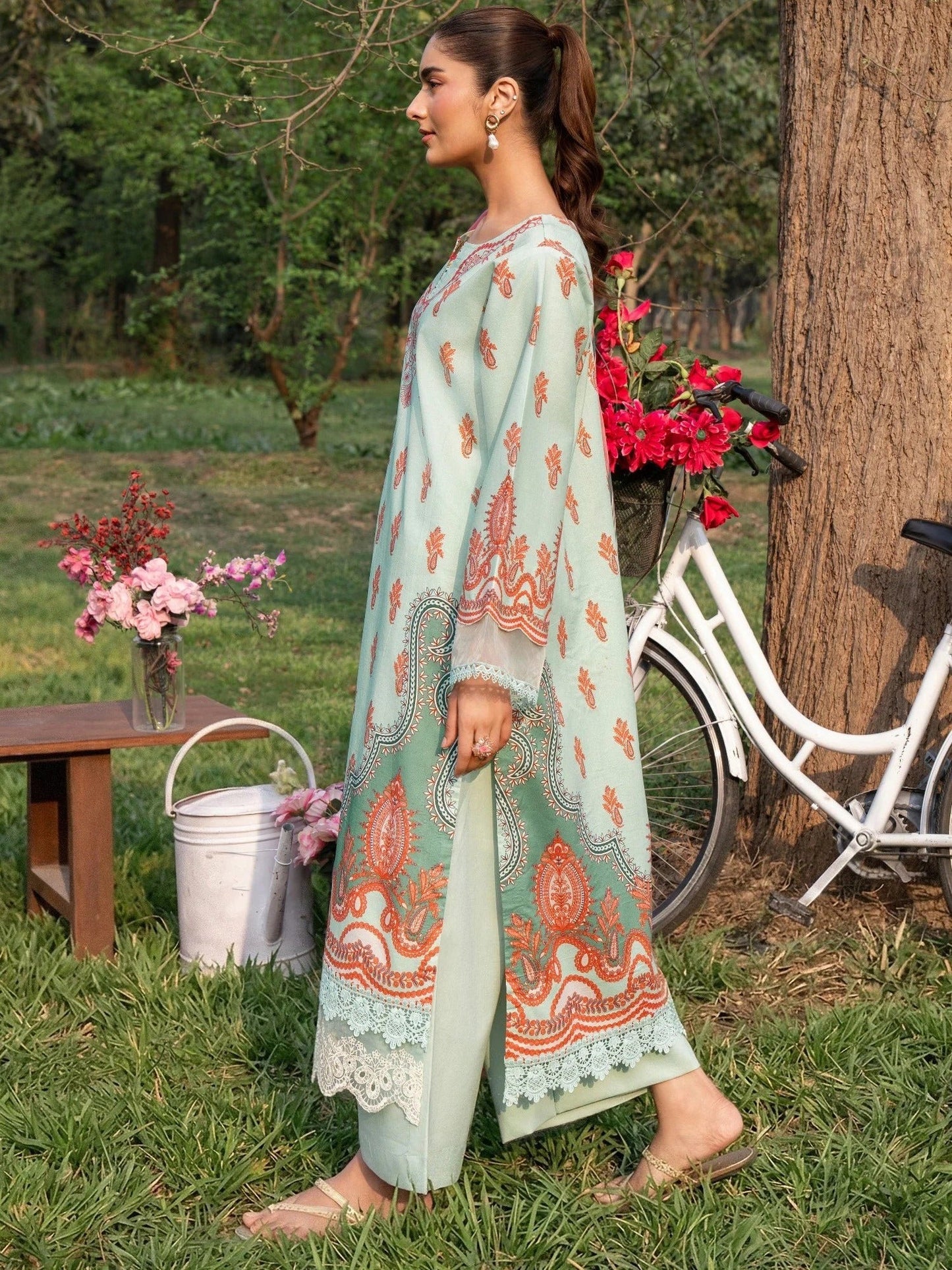 Mint green and orange-Chandan Nagri Lawn Embroidered Stitched 3-Piece Suit-Bi Yun