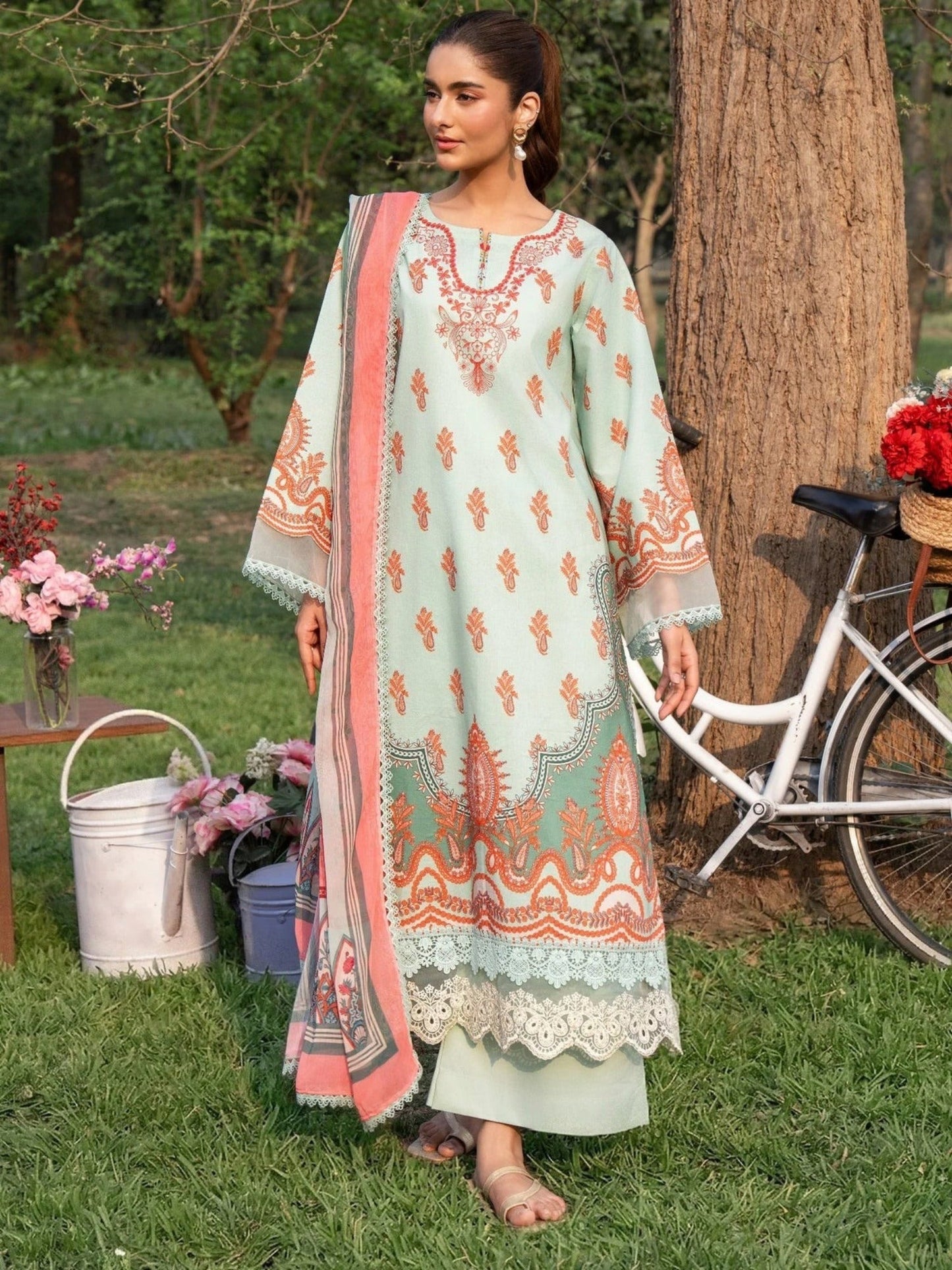 Mint green and orange-Chandan Nagri Lawn Embroidered Stitched 3-Piece Suit-Bi Yun